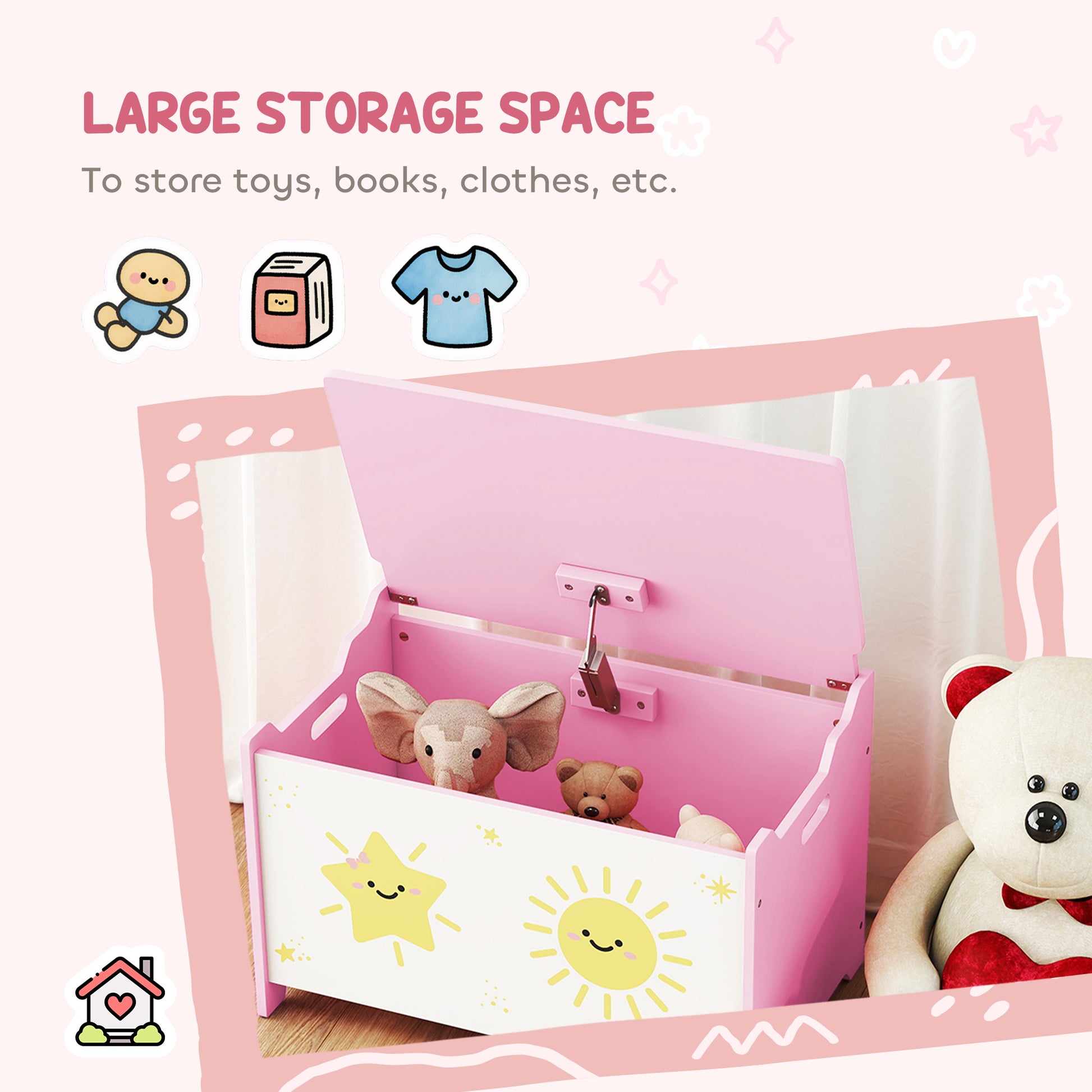 Qaba Toy Chest, Kids Storage Chest with Lid, Safety Hinges and Groove Handles for Boys, Girls, Pink-Toys & Games > Toddler & Kids Furniture > Baby & Kids Storage-DECOROLALA