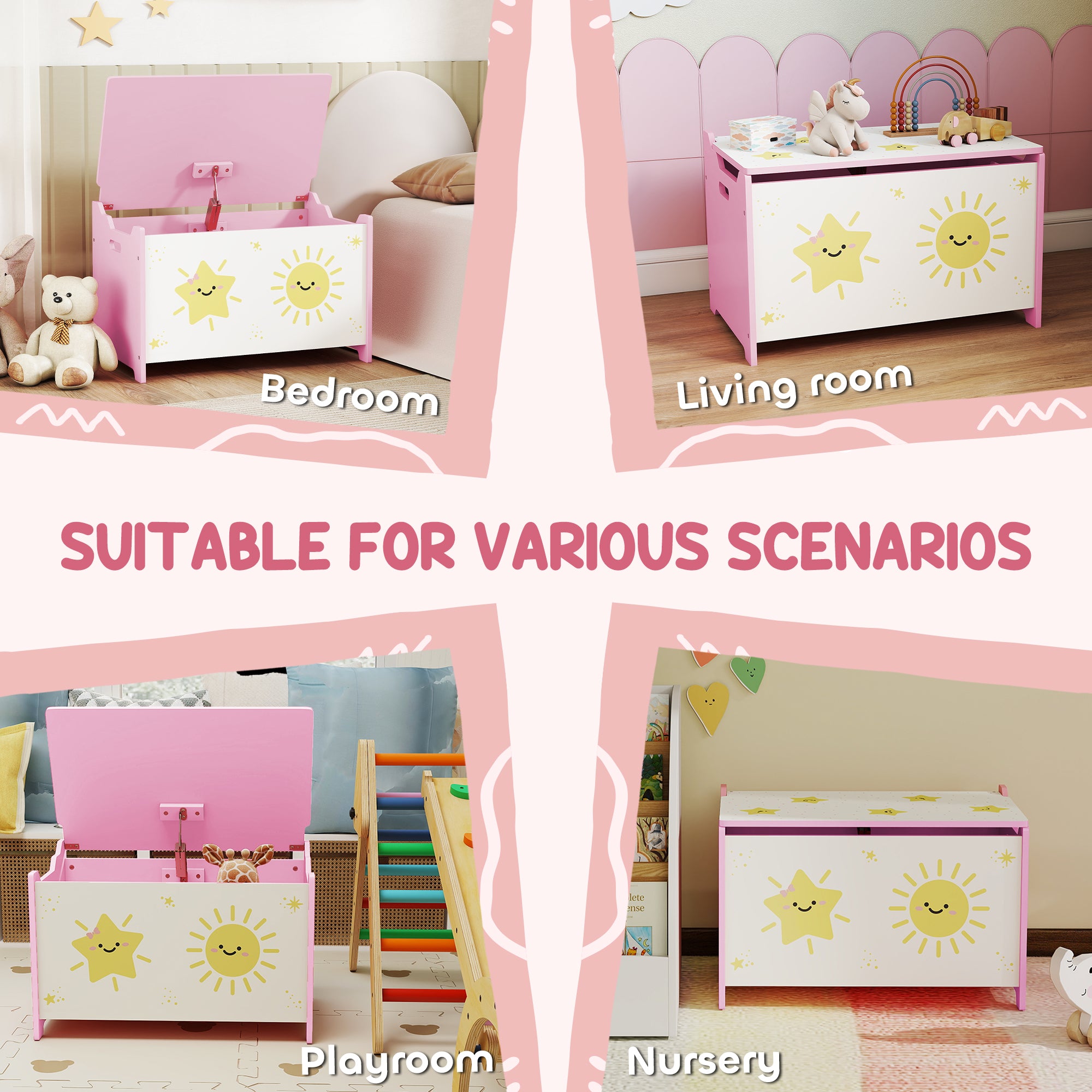 Qaba Toy Chest, Kids Storage Chest with Lid, Safety Hinges and Groove Handles for Boys, Girls, Pink-Toys & Games > Toddler & Kids Furniture > Baby & Kids Storage-DECOROLALA
