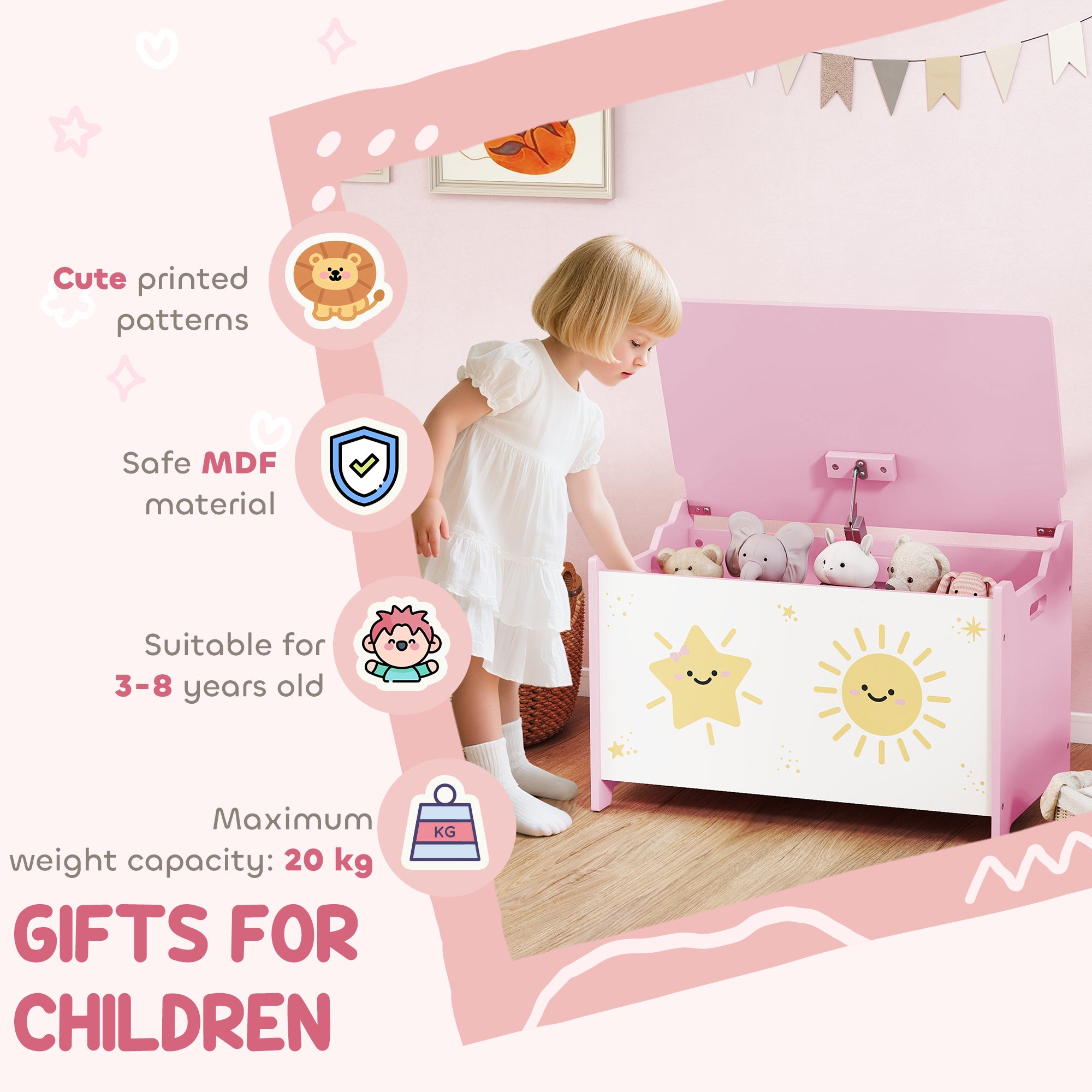 Qaba Toy Chest, Kids Storage Chest with Lid, Safety Hinges and Groove Handles for Boys, Girls, Pink-Toys & Games > Toddler & Kids Furniture > Baby & Kids Storage-DECOROLALA