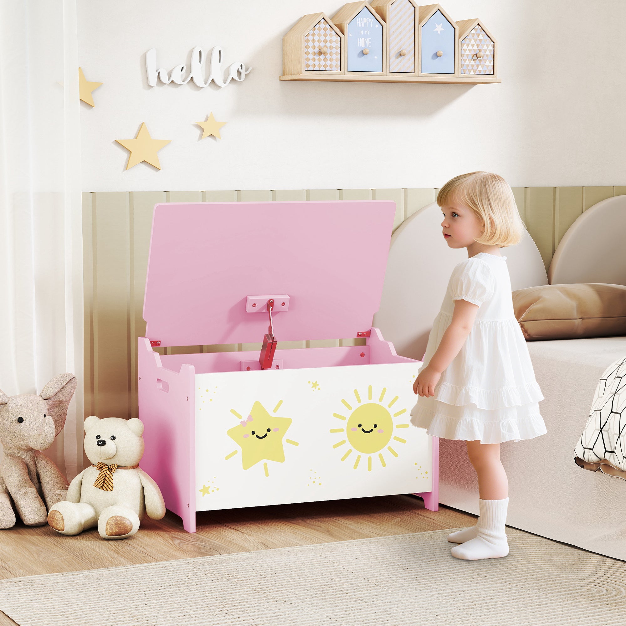 Qaba Toy Chest, Kids Storage Chest with Lid, Safety Hinges and Groove Handles for Boys, Girls, Pink-Toys & Games > Toddler & Kids Furniture > Baby & Kids Storage-DECOROLALA