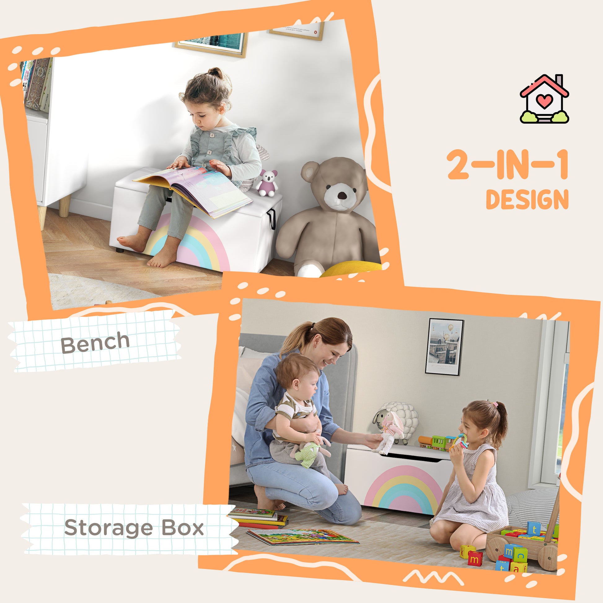 Qaba Toy Chest, Kids Toy Bench Box, Lightweight Storage Bench with Lid and Side Handles, for Nursery Room Playroom Bedroom, Gift for 3-8 Years Old, White-Toys & Games > Toddler & Kids Furniture > Baby & Kids Storage-DECOROLALA