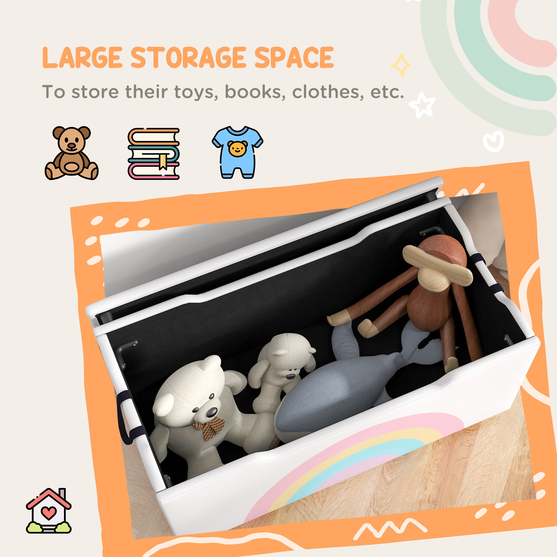 Qaba Toy Chest, Kids Toy Bench Box, Lightweight Storage Bench with Lid and Side Handles, for Nursery Room Playroom Bedroom, Gift for 3-8 Years Old, White-Toys & Games > Toddler & Kids Furniture > Baby & Kids Storage-DECOROLALA