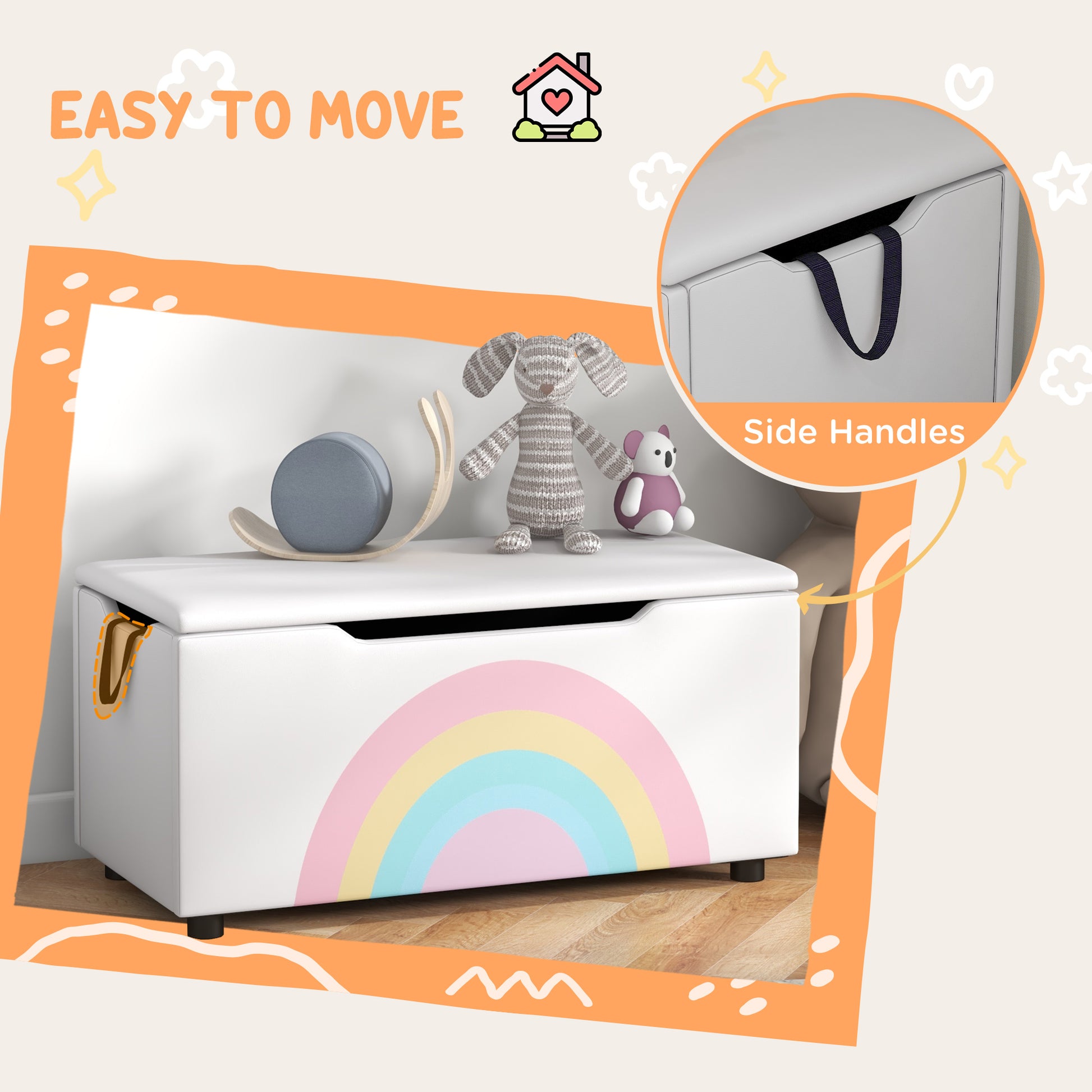 Qaba Toy Chest, Kids Toy Bench Box, Lightweight Storage Bench with Lid and Side Handles, for Nursery Room Playroom Bedroom, Gift for 3-8 Years Old, White-Toys & Games > Toddler & Kids Furniture > Baby & Kids Storage-DECOROLALA