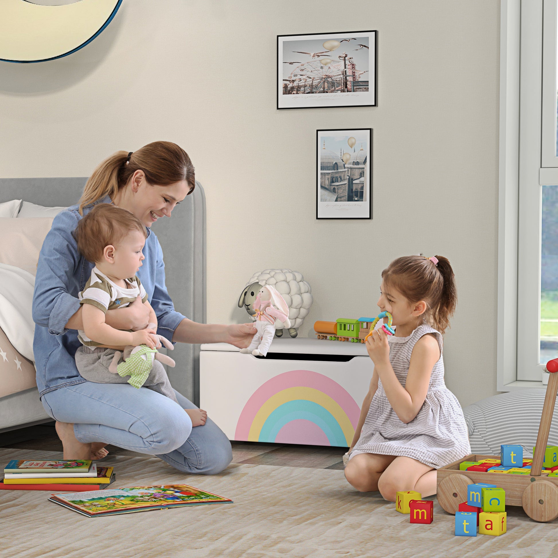 Qaba Toy Chest, Kids Toy Bench Box, Lightweight Storage Bench with Lid and Side Handles, for Nursery Room Playroom Bedroom, Gift for 3-8 Years Old, White-Toys & Games > Toddler & Kids Furniture > Baby & Kids Storage-DECOROLALA