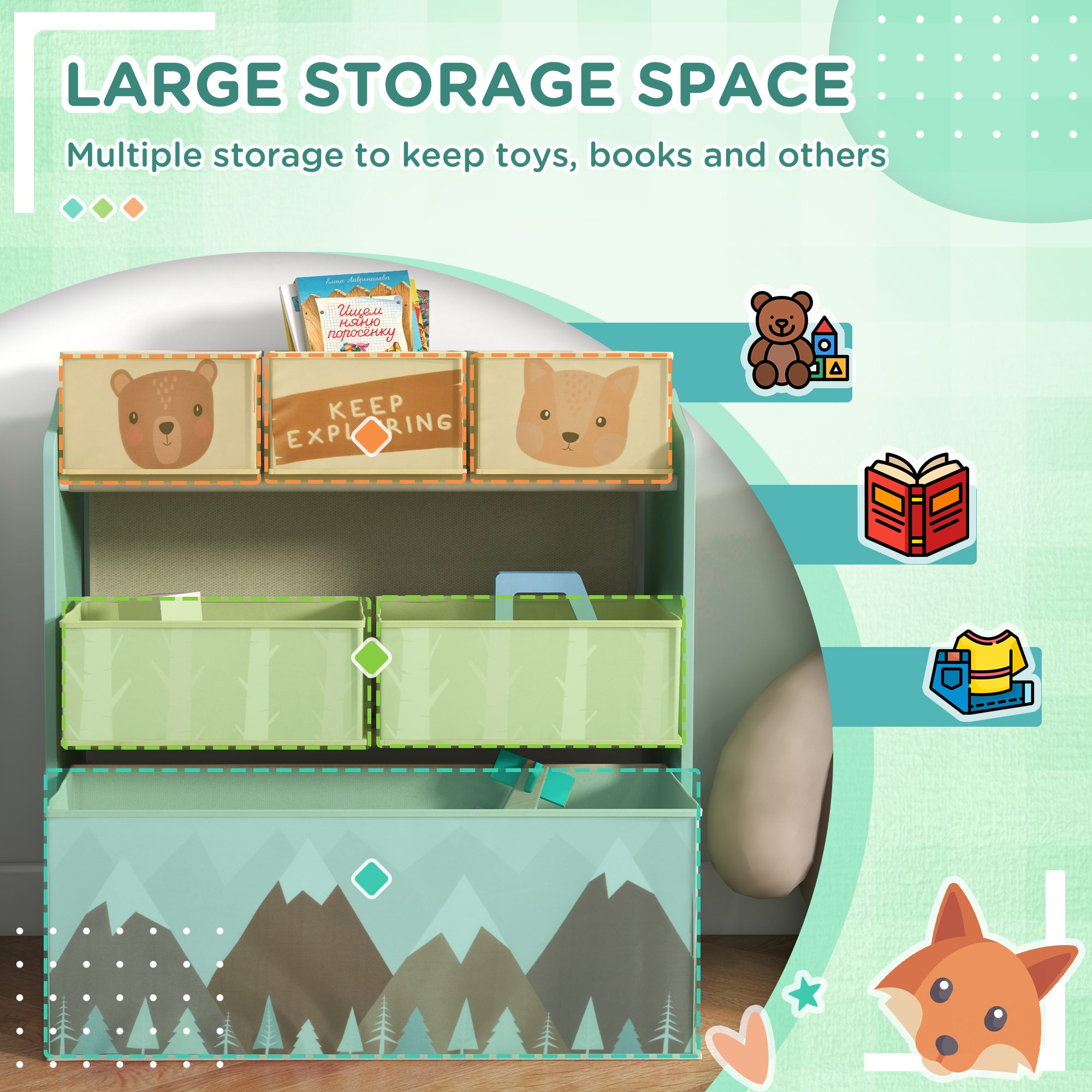 Qaba Toy Organizer with 6 Storage Bins, 25" x 12" x 26", Green-Toys & Games > Toddler & Kids Furniture > Baby & Kids Storage-DECOROLALA