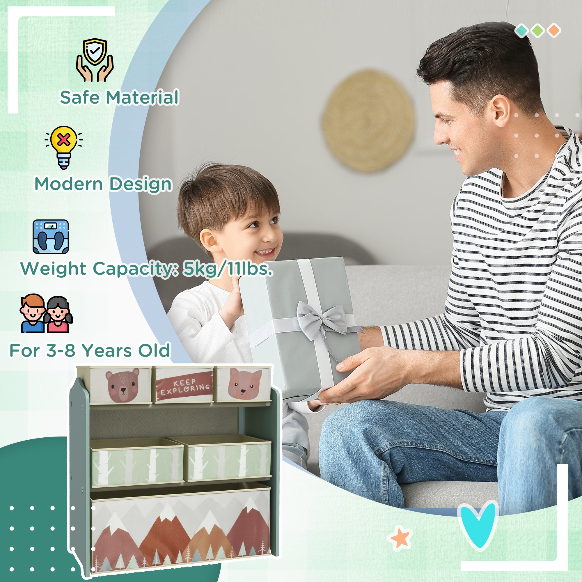 Qaba Toy Organizer with 6 Storage Bins, 25" x 12" x 26", Green-Toys & Games > Toddler & Kids Furniture > Baby & Kids Storage-DECOROLALA