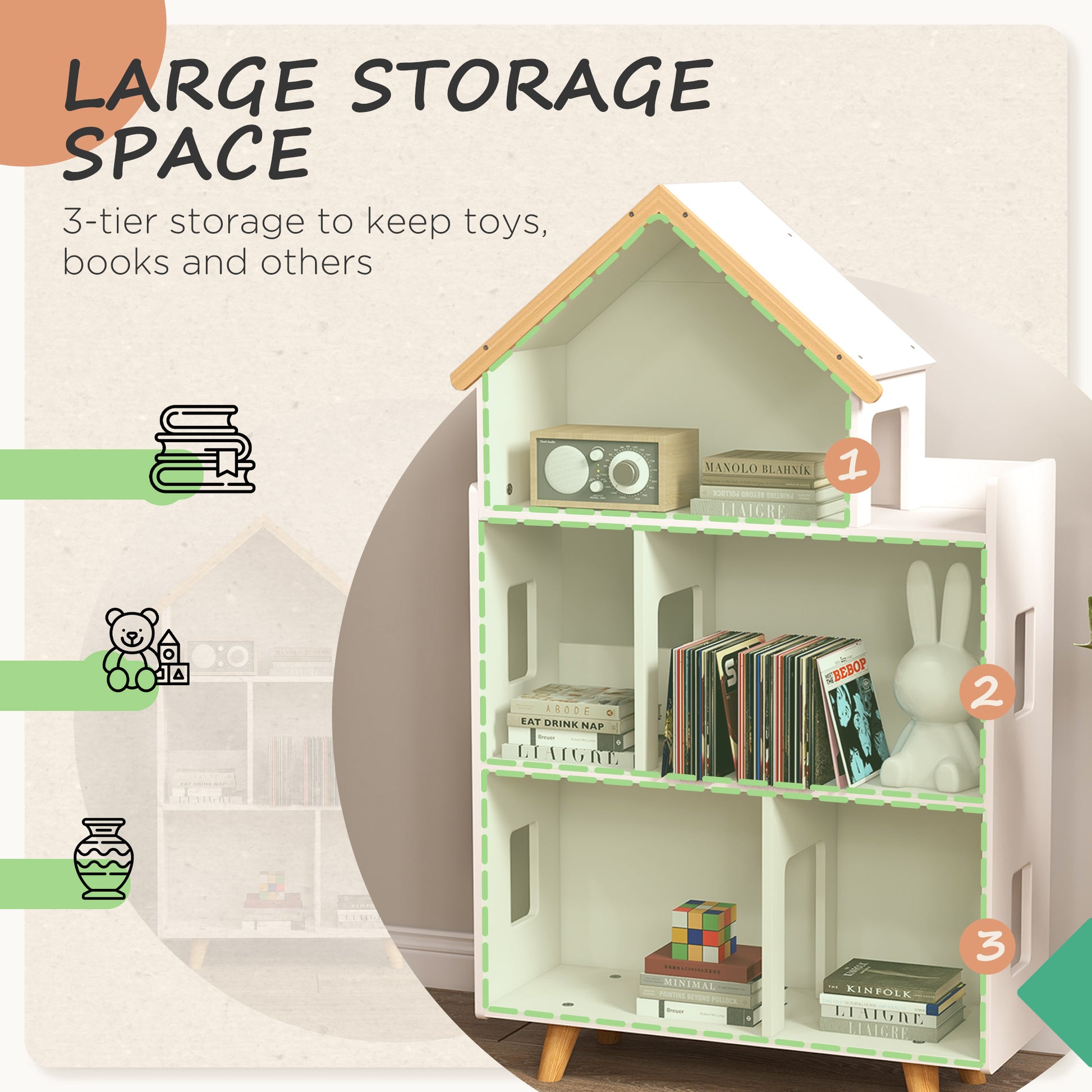 Qaba Toy Storage Organizer Cabinet, 3-Tier Kids Bookshelf for Playroom, Kids Room, Nursery, Kindergarten, White-Toys & Games > Toddler & Kids Furniture > Baby & Kids Storage-DECOROLALA