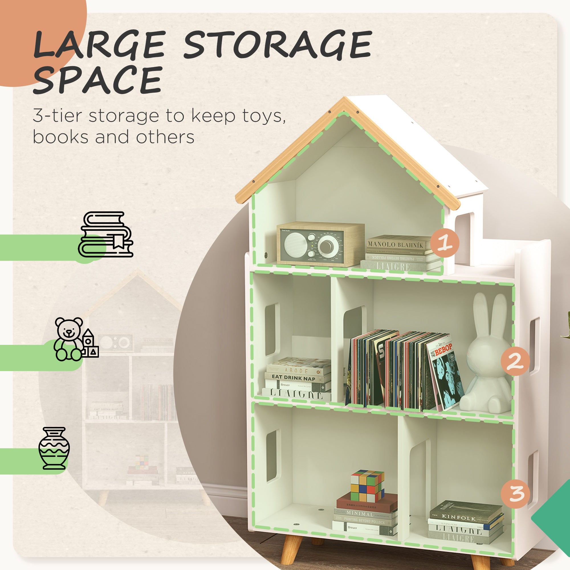 Qaba Toy Storage Organizer Cabinet, 3-Tier Kids Bookshelf for Playroom, Kids Room, Nursery, Kindergarten, White-Toys & Games > Toddler & Kids Furniture > Baby & Kids Storage-DECOROLALA