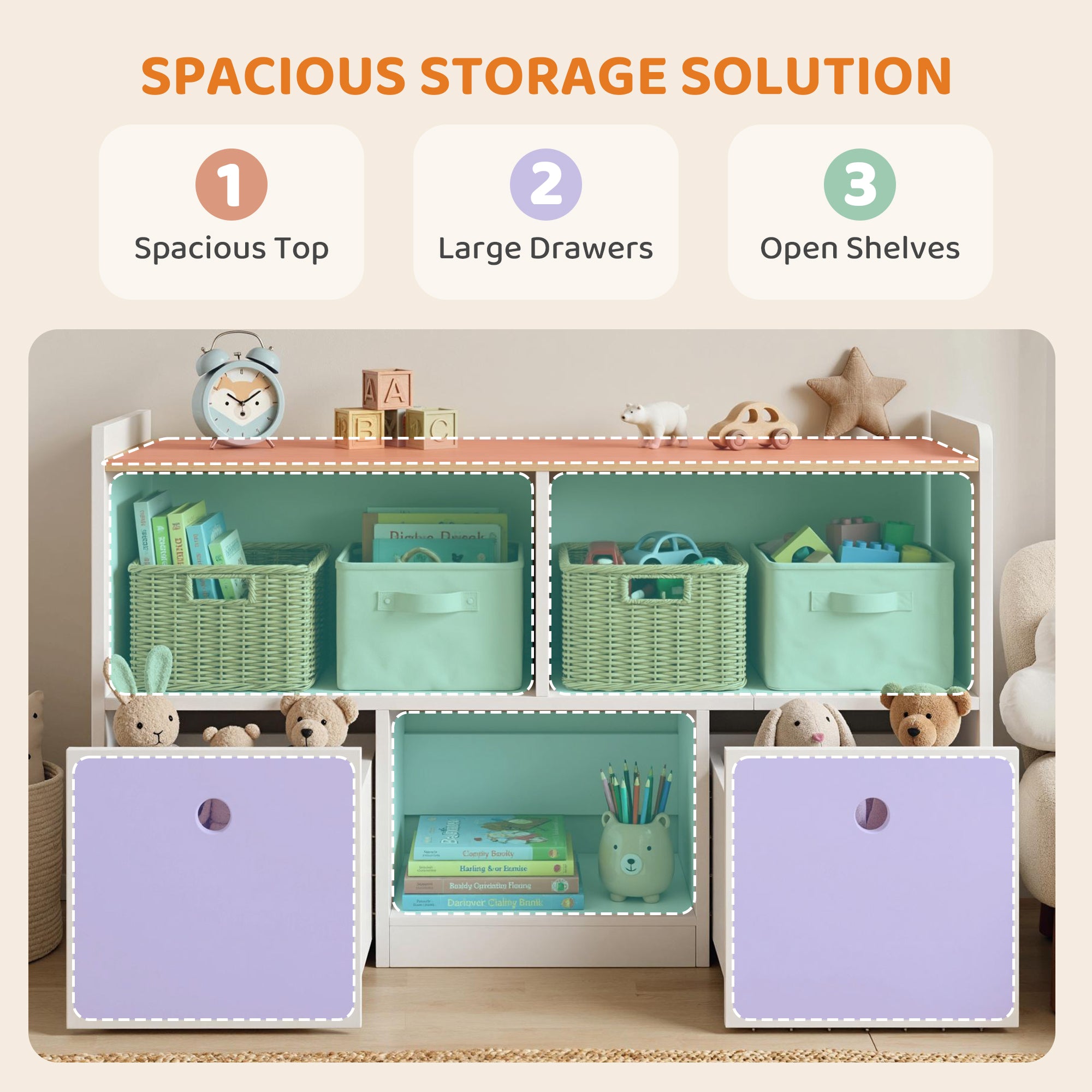 Qaba Toy Storage Organizer, Toy Organizers and Storage with 2 Movable Drawers and 3 Cubbies for Playroom, Nursery, White-Toys & Games > Toddler & Kids Furniture > Baby & Kids Storage-DECOROLALA