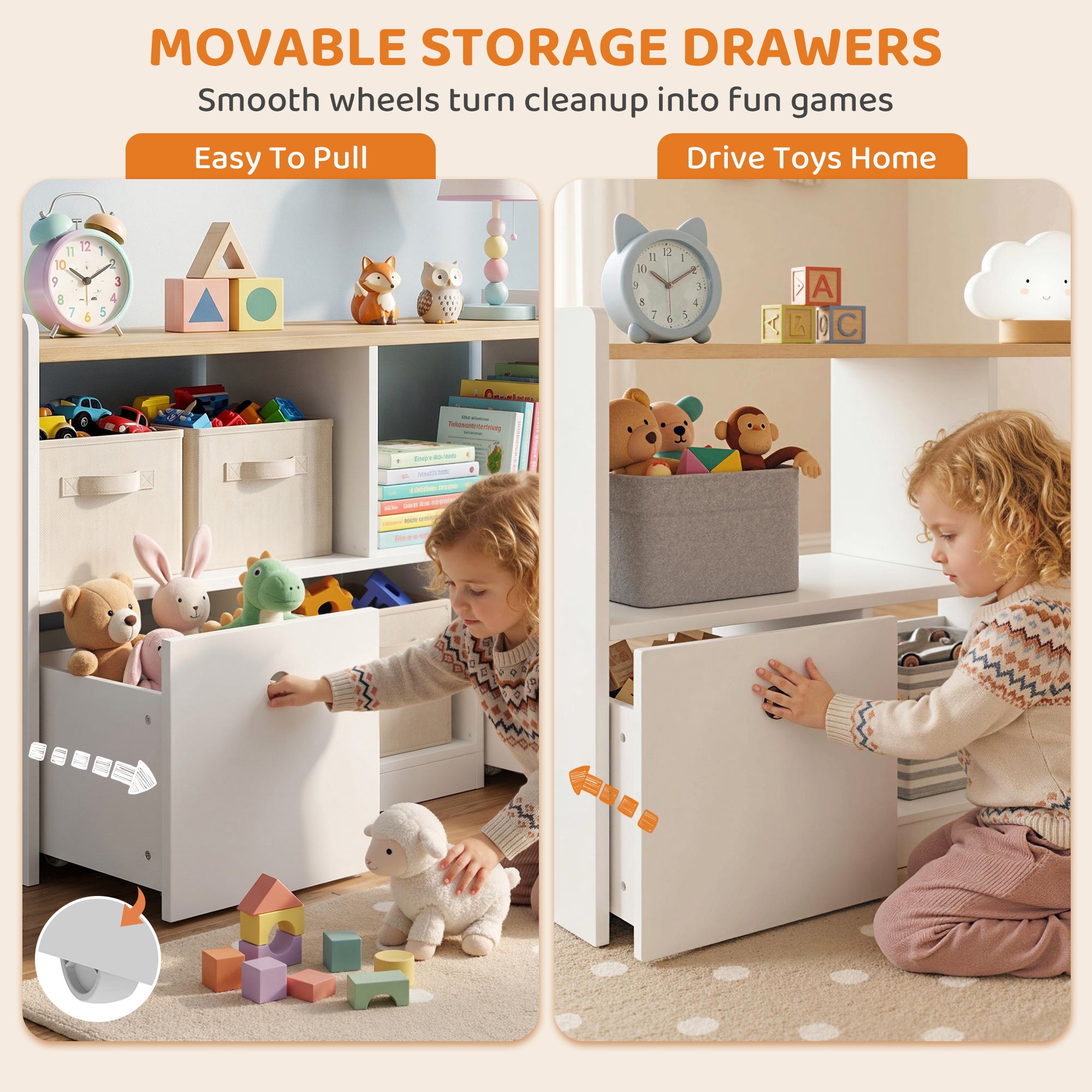 Qaba Toy Storage Organizer, Toy Organizers and Storage with 2 Movable Drawers and 3 Cubbies for Playroom, Nursery, White-Toys & Games > Toddler & Kids Furniture > Baby & Kids Storage-DECOROLALA