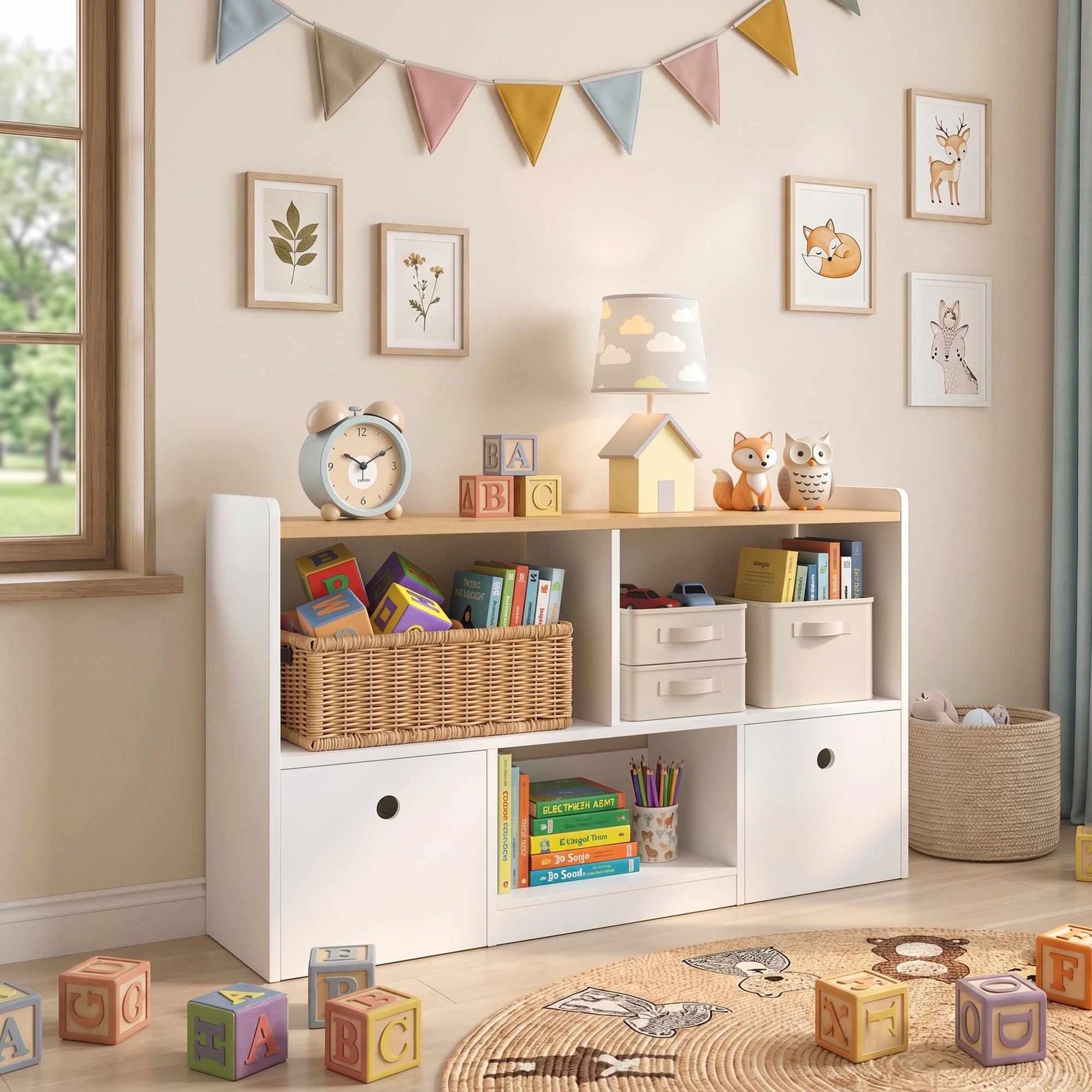 Qaba Toy Storage Organizer, Toy Organizers and Storage with 2 Movable Drawers and 3 Cubbies for Playroom, Nursery, White-Toys & Games > Toddler & Kids Furniture > Baby & Kids Storage-DECOROLALA