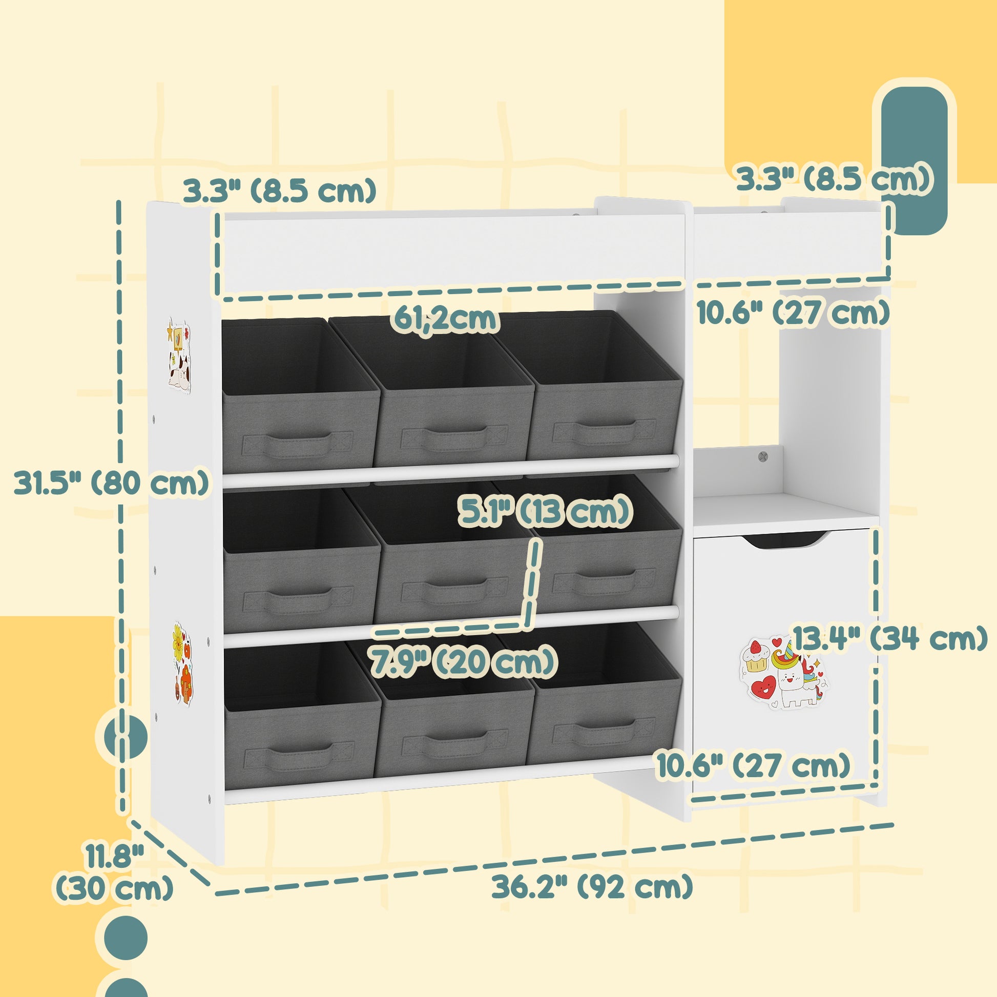 Qaba Toy Storage Organizer with 9 Non-Woven Fabric Boxes, Storage Cabinet & Shelves, for Kids Room, Nursery, Playroom White-Toys & Games > Toddler & Kids Furniture > Baby & Kids Storage-DECOROLALA