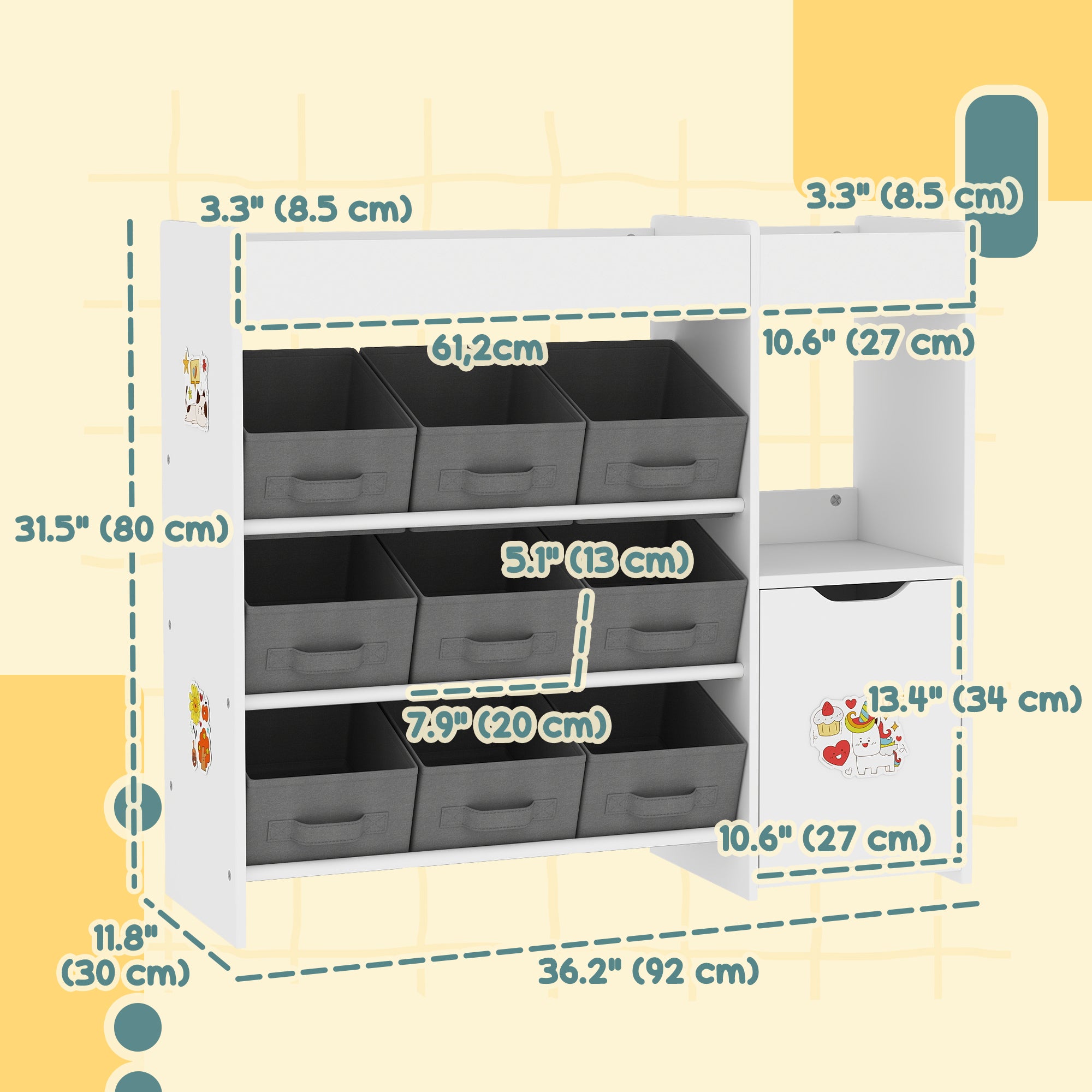 Qaba Toy Storage Organizer with 9 Non-Woven Fabric Boxes, Storage Cabinet & Shelves, for Kids Room, Nursery, Playroom White-Toys & Games > Toddler & Kids Furniture > Baby & Kids Storage-DECOROLALA