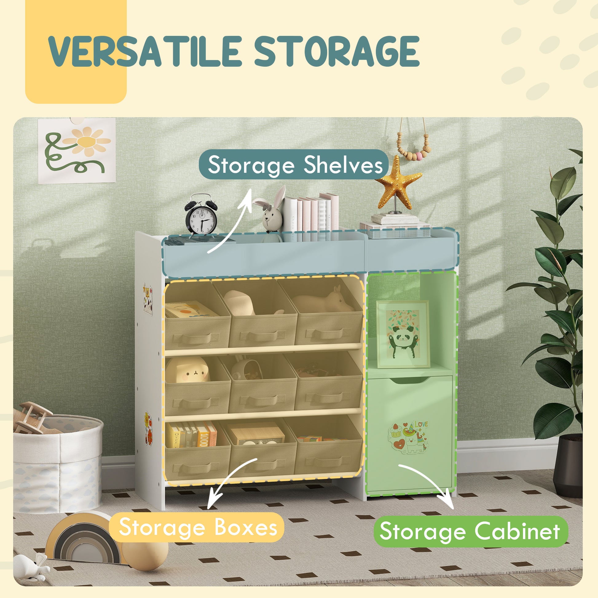 Qaba Toy Storage Organizer with 9 Non-Woven Fabric Boxes, Storage Cabinet & Shelves, for Kids Room, Nursery, Playroom White-Toys & Games > Toddler & Kids Furniture > Baby & Kids Storage-DECOROLALA
