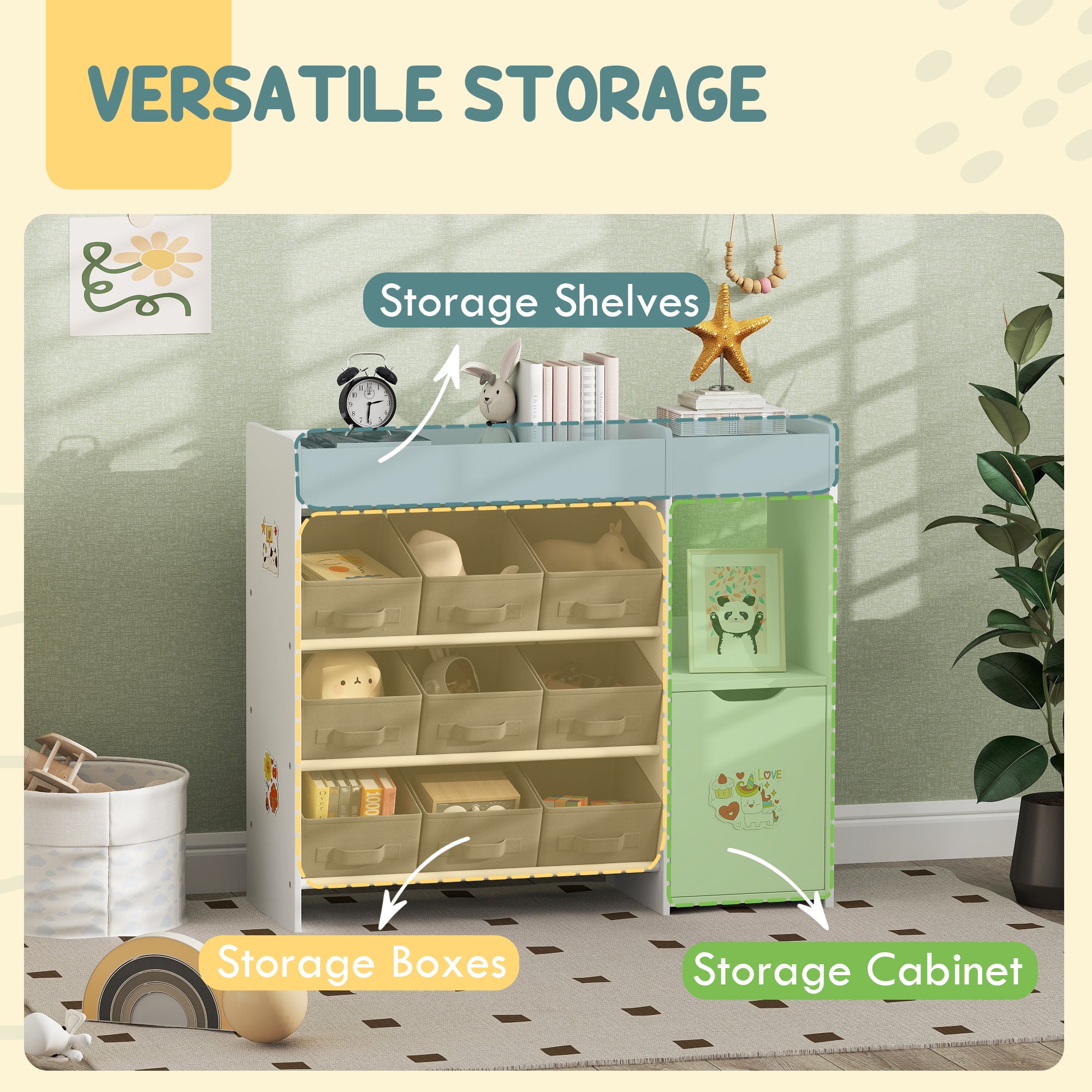 Qaba Toy Storage Organizer with 9 Non-Woven Fabric Boxes, Storage Cabinet & Shelves, for Kids Room, Nursery, Playroom White-Toys & Games > Toddler & Kids Furniture > Baby & Kids Storage-DECOROLALA