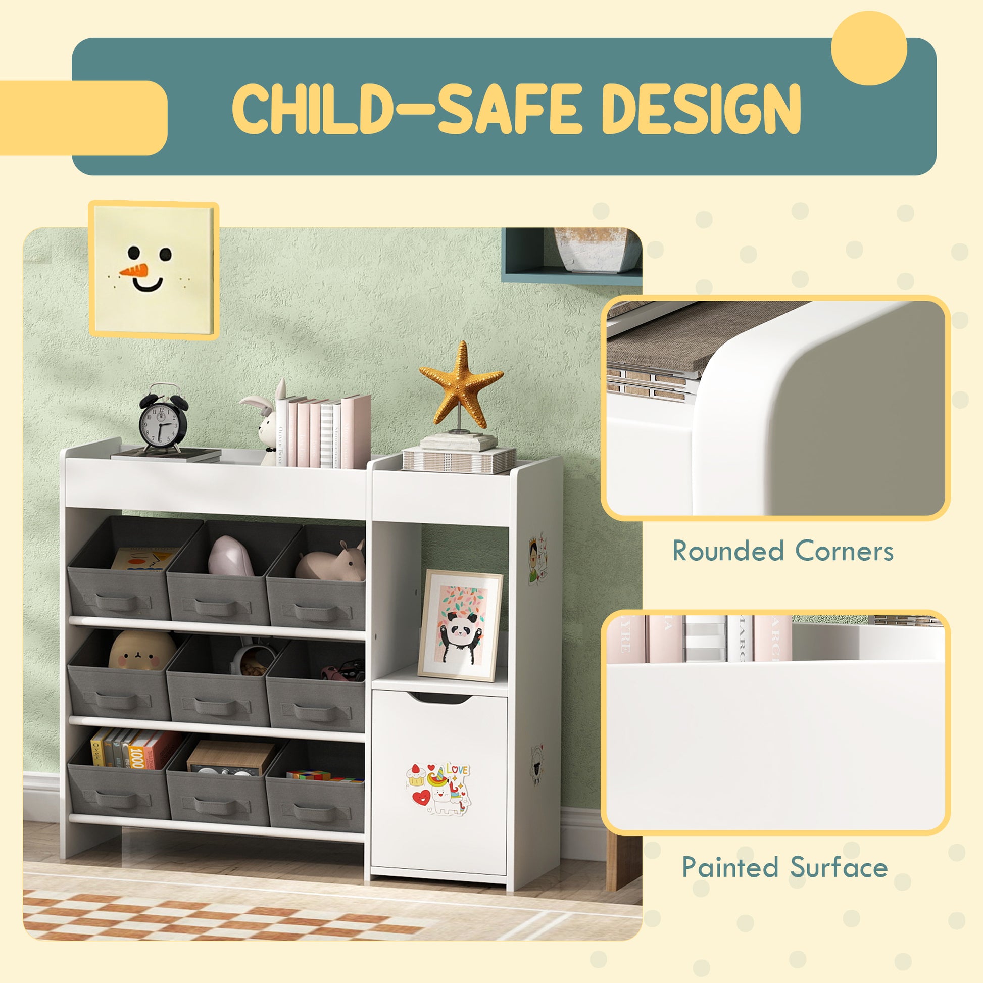 Qaba Toy Storage Organizer with 9 Non-Woven Fabric Boxes, Storage Cabinet & Shelves, for Kids Room, Nursery, Playroom White-Toys & Games > Toddler & Kids Furniture > Baby & Kids Storage-DECOROLALA