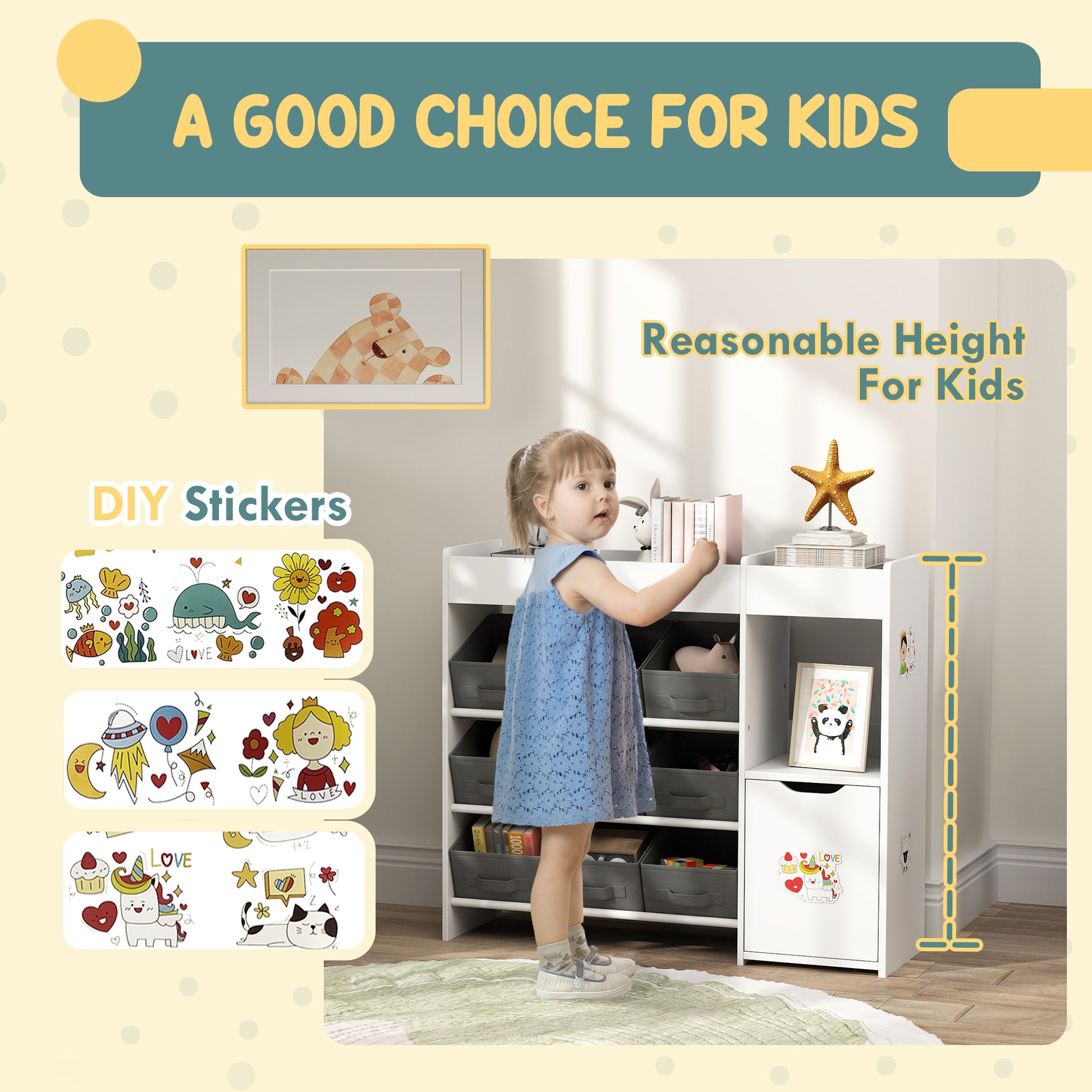Qaba Toy Storage Organizer with 9 Non-Woven Fabric Boxes, Storage Cabinet & Shelves, for Kids Room, Nursery, Playroom White-Toys & Games > Toddler & Kids Furniture > Baby & Kids Storage-DECOROLALA