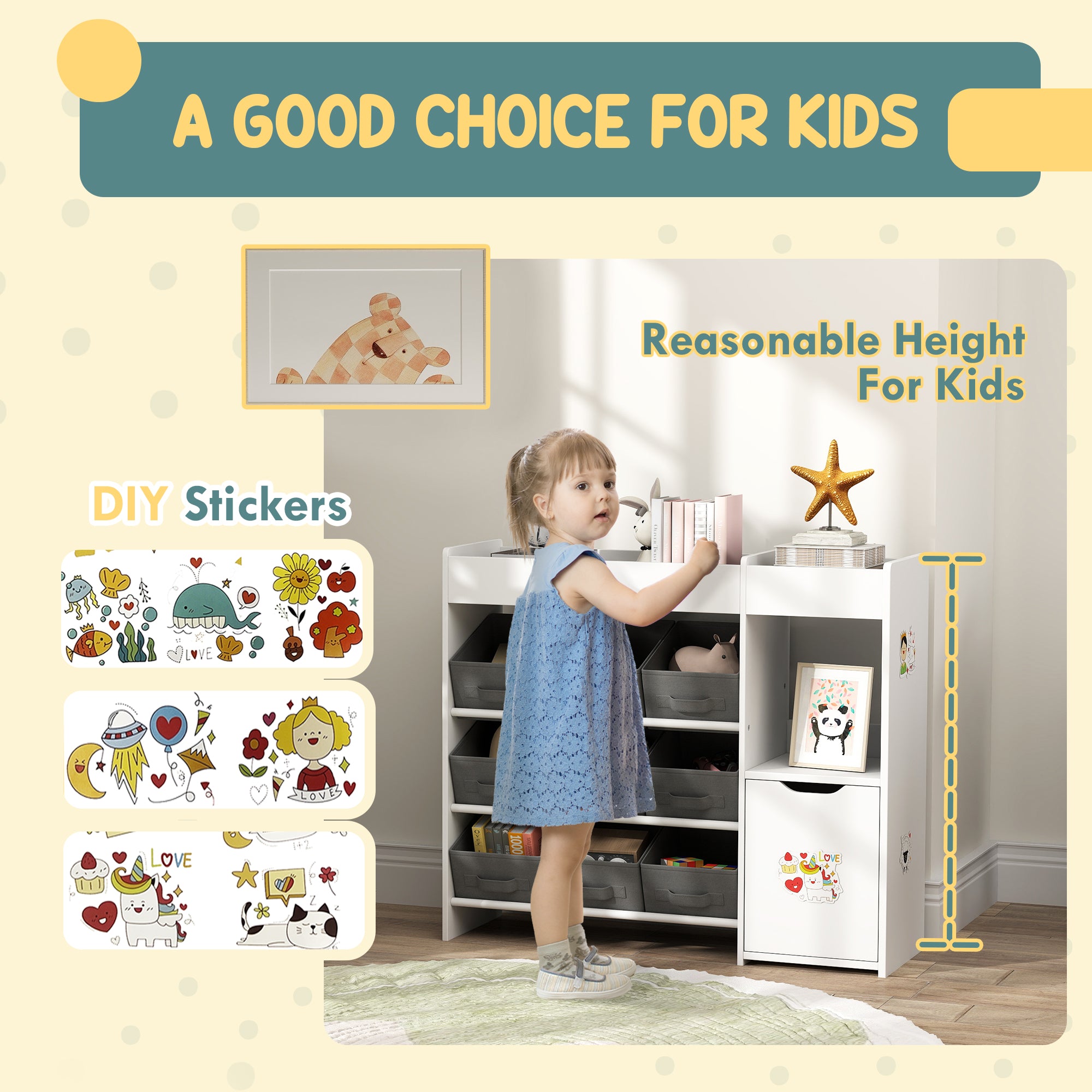 Qaba Toy Storage Organizer with 9 Non-Woven Fabric Boxes, Storage Cabinet & Shelves, for Kids Room, Nursery, Playroom White-Toys & Games > Toddler & Kids Furniture > Baby & Kids Storage-DECOROLALA