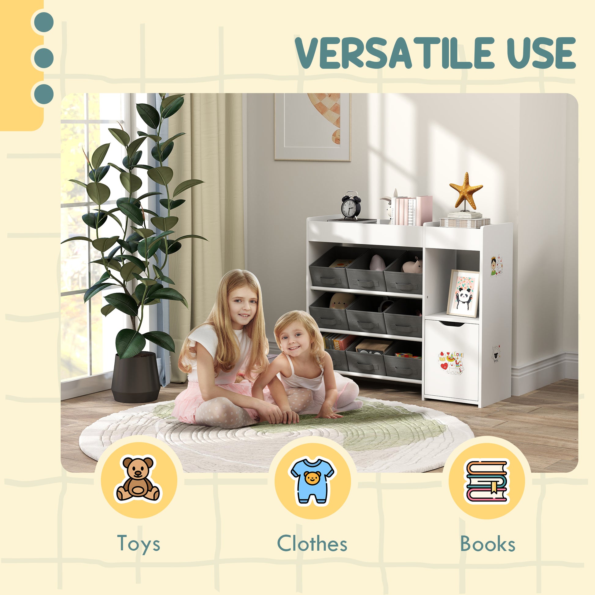 Qaba Toy Storage Organizer with 9 Non-Woven Fabric Boxes, Storage Cabinet & Shelves, for Kids Room, Nursery, Playroom White-Toys & Games > Toddler & Kids Furniture > Baby & Kids Storage-DECOROLALA