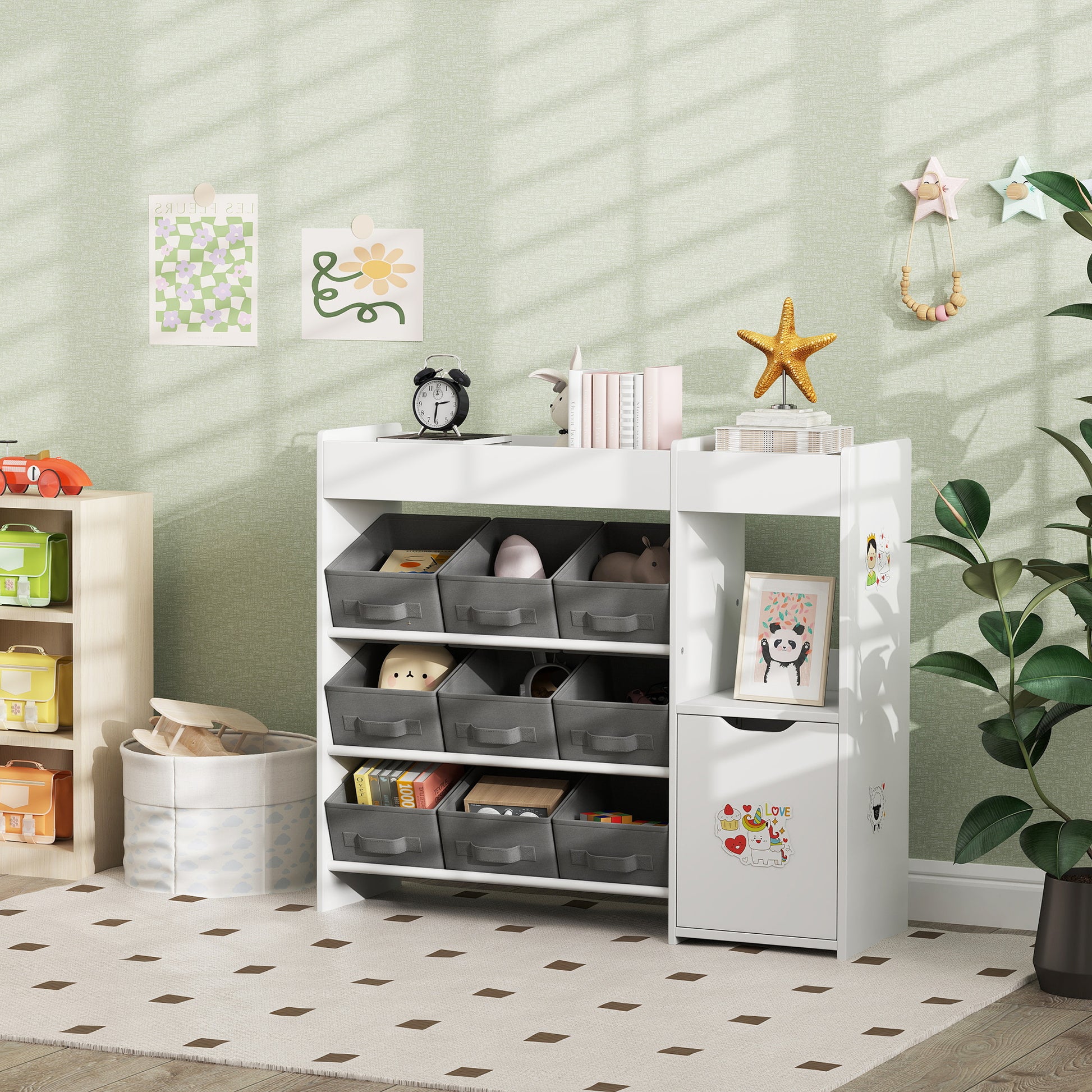 Qaba Toy Storage Organizer with 9 Non-Woven Fabric Boxes, Storage Cabinet & Shelves, for Kids Room, Nursery, Playroom White-Toys & Games > Toddler & Kids Furniture > Baby & Kids Storage-DECOROLALA