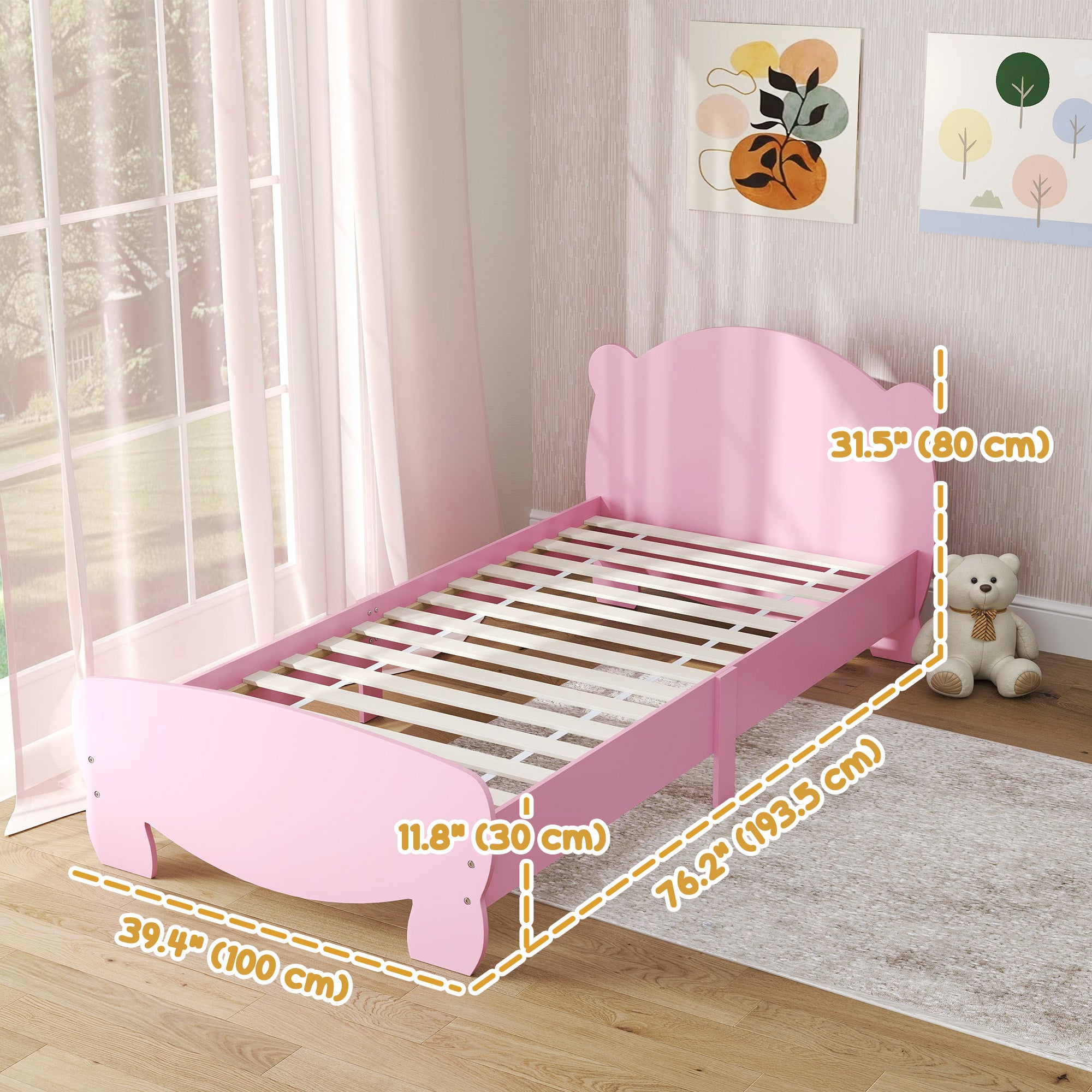 Qaba Twin Bed Frame with Bear Shaped Headboard & Footboard, Slats Support, No Box Spring Needed, for Boys, Girls, Pink-Toys & Games > Toddler & Kids Furniture > Kids Bedroom Furniture-DECOROLALA