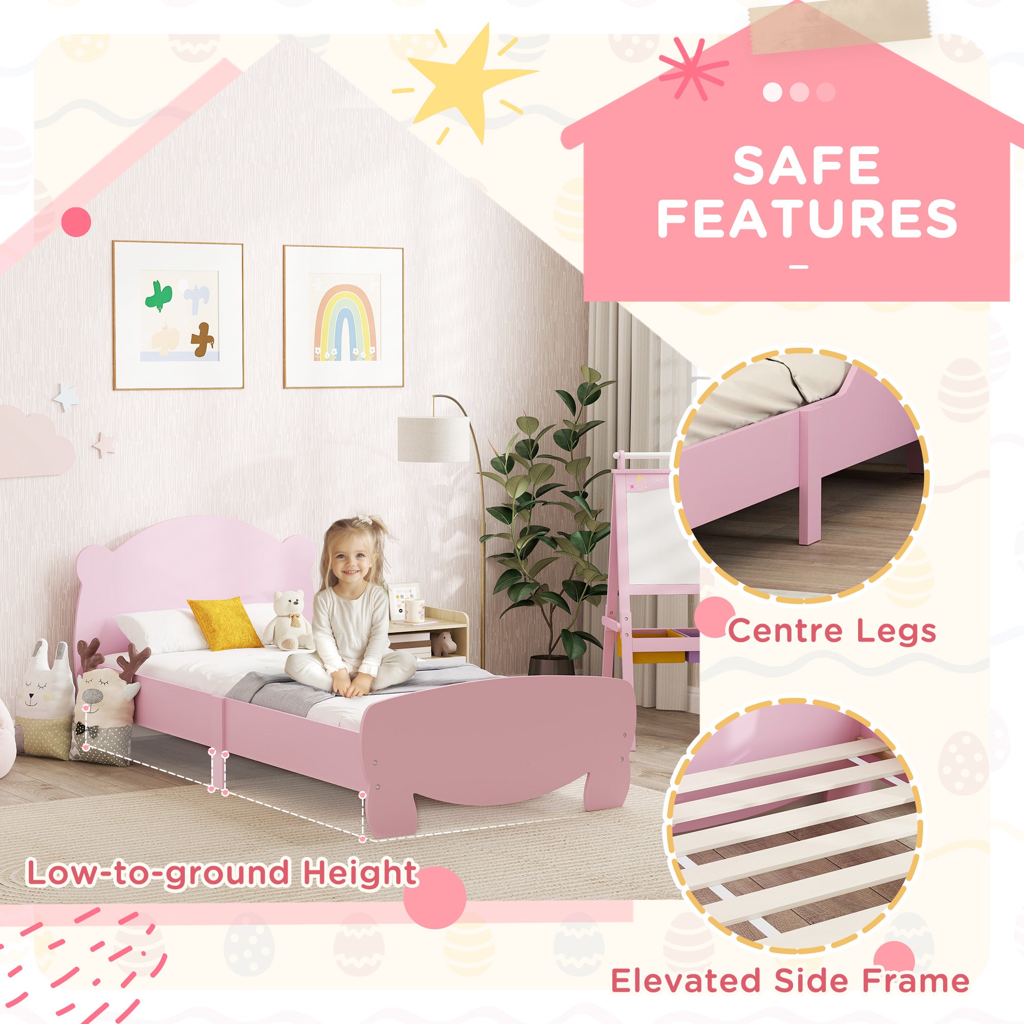 Qaba Twin Bed Frame with Bear Shaped Headboard & Footboard, Slats Support, No Box Spring Needed, for Boys, Girls, Pink-Toys & Games > Toddler & Kids Furniture > Kids Bedroom Furniture-DECOROLALA