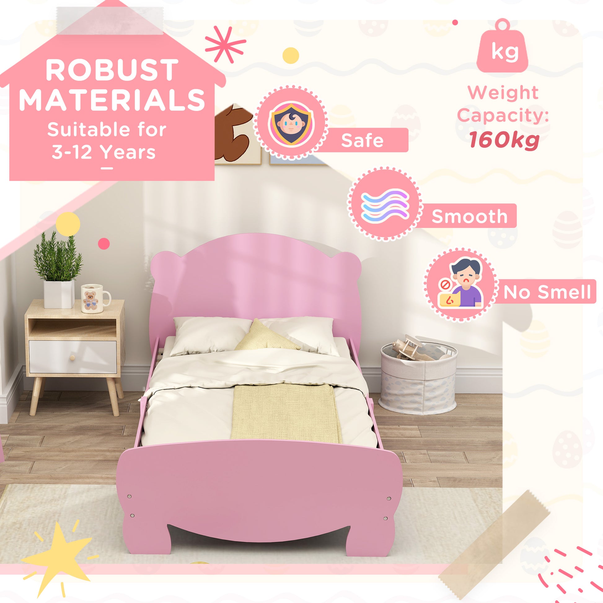 Qaba Twin Bed Frame with Bear Shaped Headboard & Footboard, Slats Support, No Box Spring Needed, for Boys, Girls, Pink-Toys & Games > Toddler & Kids Furniture > Kids Bedroom Furniture-DECOROLALA