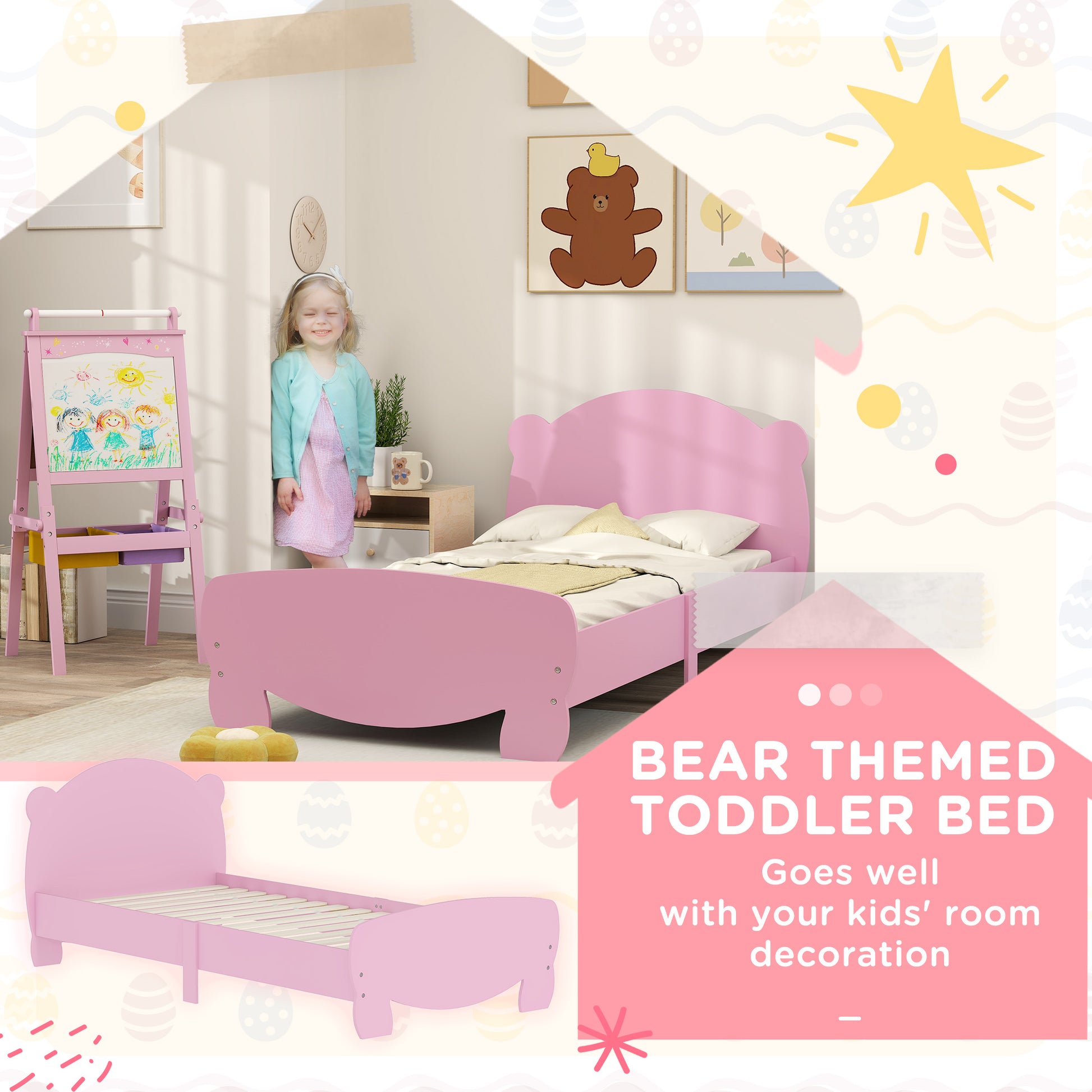 Qaba Twin Bed Frame with Bear Shaped Headboard & Footboard, Slats Support, No Box Spring Needed, for Boys, Girls, Pink-Toys & Games > Toddler & Kids Furniture > Kids Bedroom Furniture-DECOROLALA