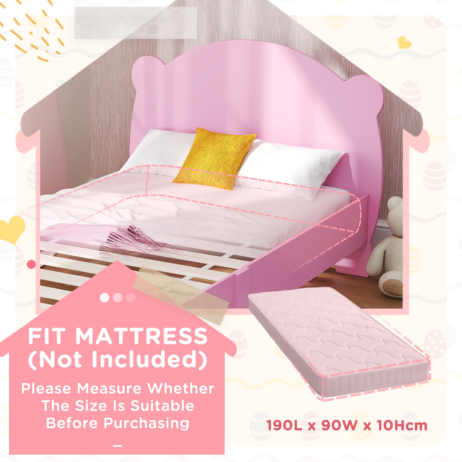 Qaba Twin Bed Frame with Bear Shaped Headboard & Footboard, Slats Support, No Box Spring Needed, for Boys, Girls, Pink-Toys & Games > Toddler & Kids Furniture > Kids Bedroom Furniture-DECOROLALA