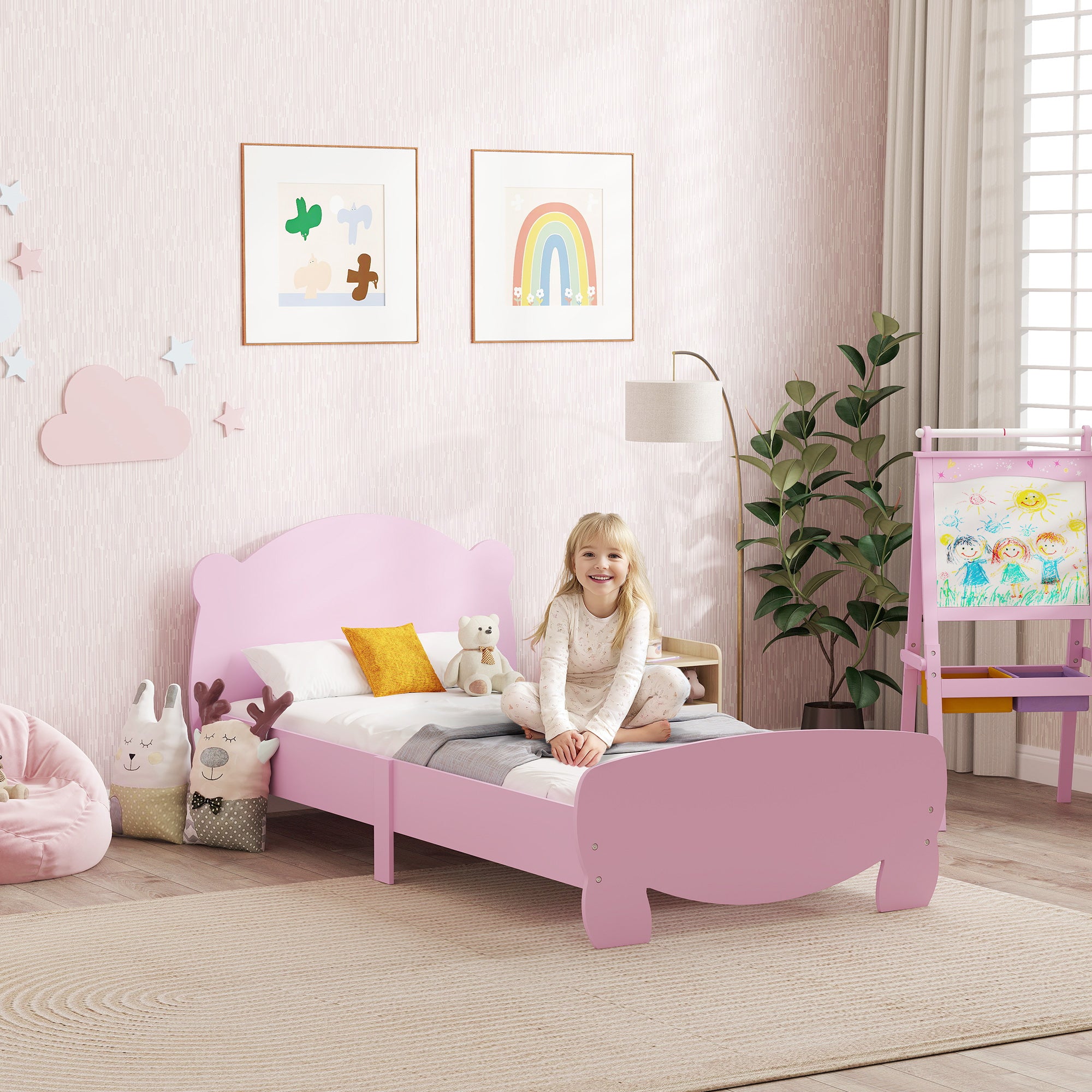 Qaba Twin Bed Frame with Bear Shaped Headboard & Footboard, Slats Support, No Box Spring Needed, for Boys, Girls, Pink-Toys & Games > Toddler & Kids Furniture > Kids Bedroom Furniture-DECOROLALA