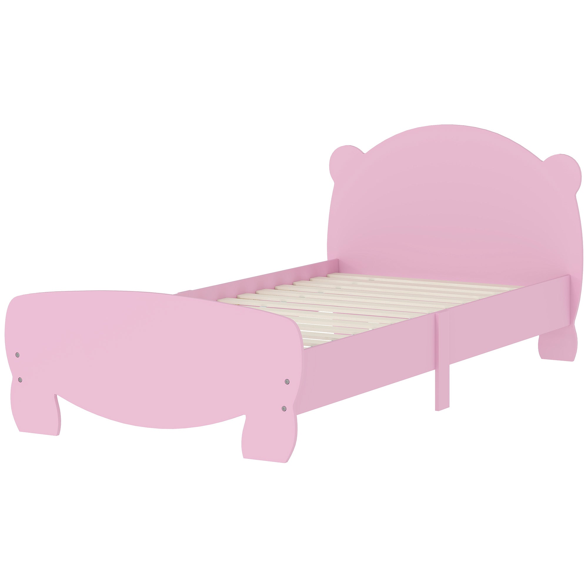 Qaba Twin Bed Frame with Bear Shaped Headboard & Footboard, Slats Support, No Box Spring Needed, for Boys, Girls, Pink-Toys & Games > Toddler & Kids Furniture > Kids Bedroom Furniture-DECOROLALA