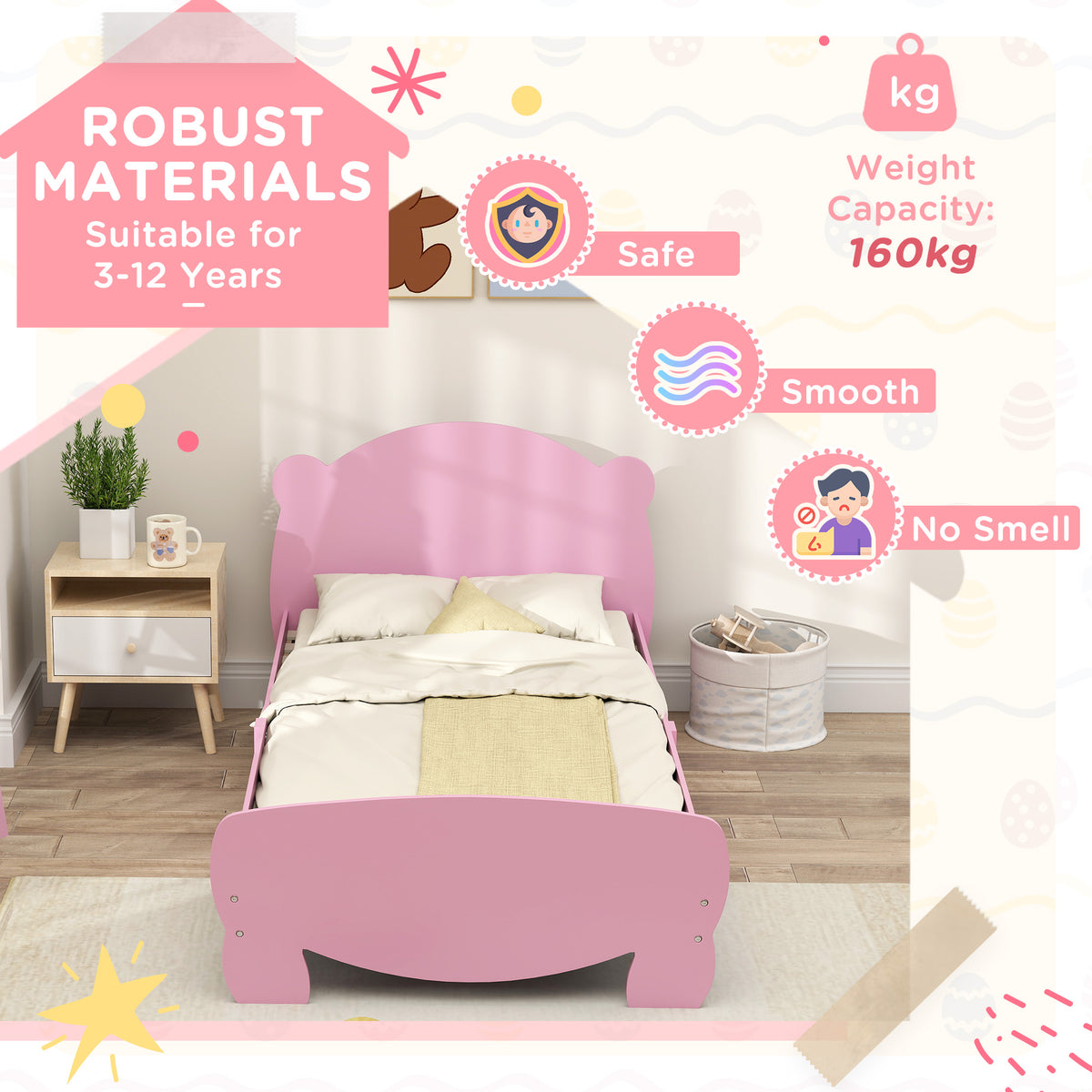 Qaba Twin Bed Frame with Bear Shaped Headboard - Pink-Toys & Games > Toddler & Kids Furniture > Kids Bedroom Furniture-DECOROLALA