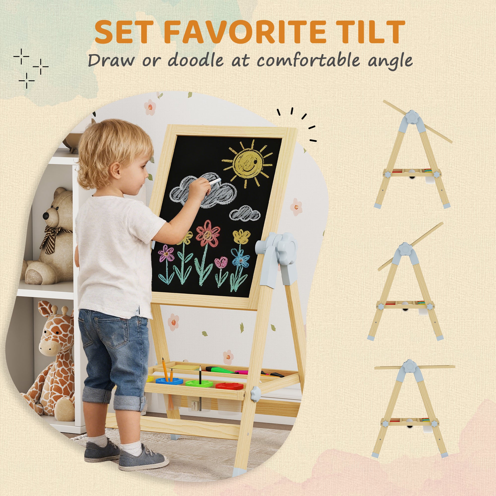 Qaba Wooden Art Easel, Double Sided Kids Easel with Height Adjustable Chalkboard and Magnetic Whiteboard, Natural-Toys & Games > Toddler & Kids Furniture-DECOROLALA