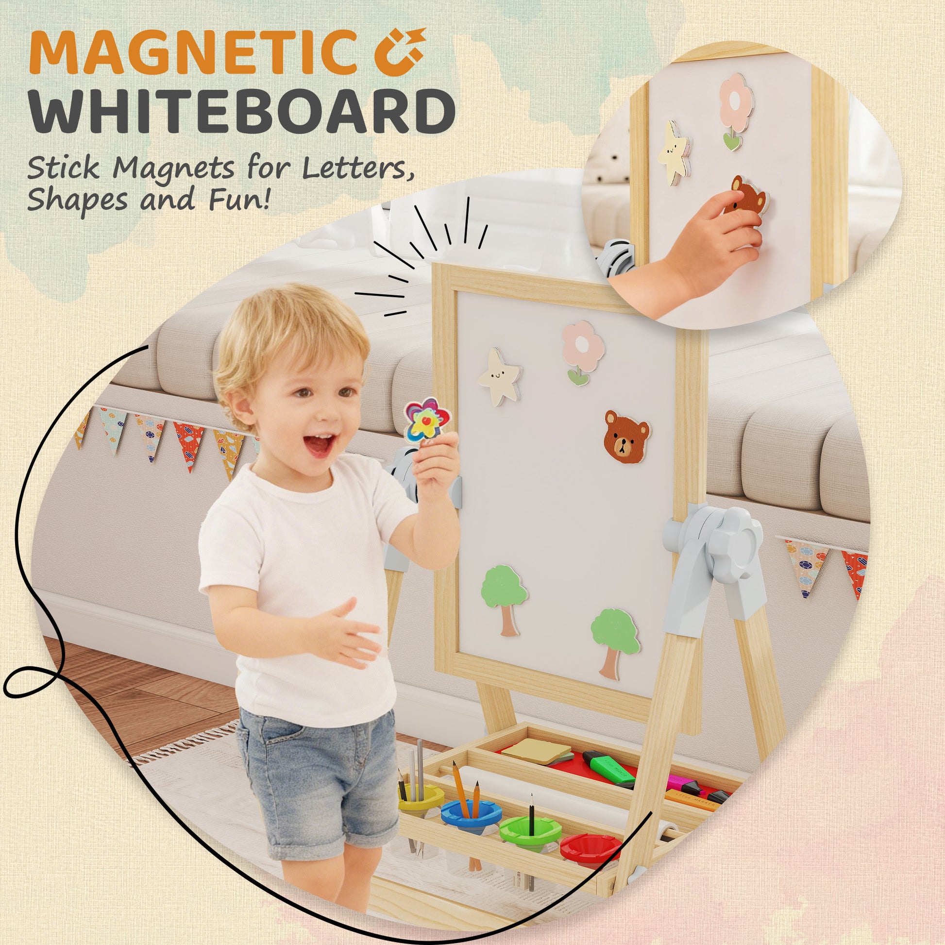 Qaba Wooden Art Easel, Double Sided Kids Easel with Height Adjustable Chalkboard and Magnetic Whiteboard, Natural-Toys & Games > Toddler & Kids Furniture-DECOROLALA