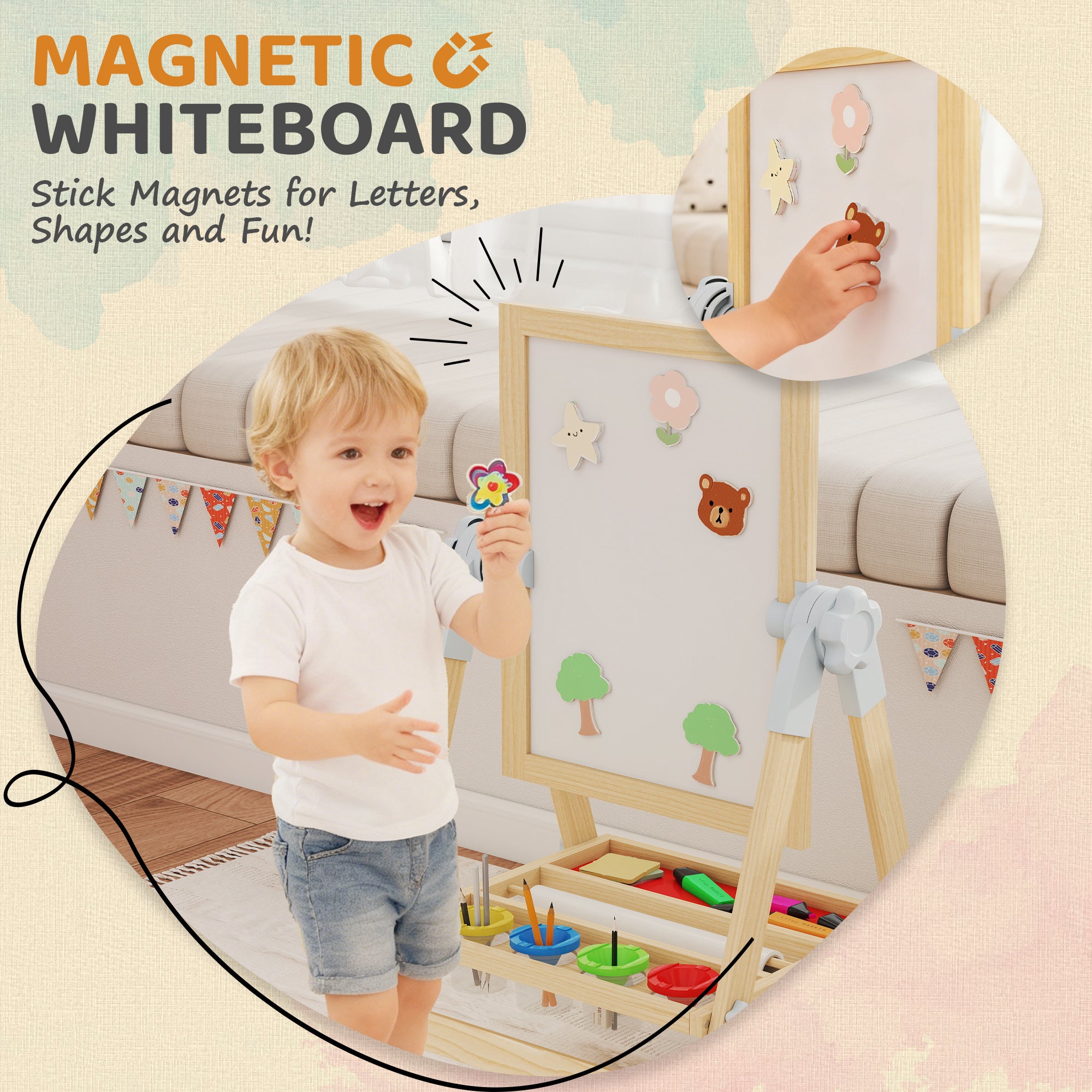 Qaba Wooden Art Easel, Double Sided Kids Easel with Height Adjustable Chalkboard and Magnetic Whiteboard, Natural-Toys & Games > Toddler & Kids Furniture-DECOROLALA
