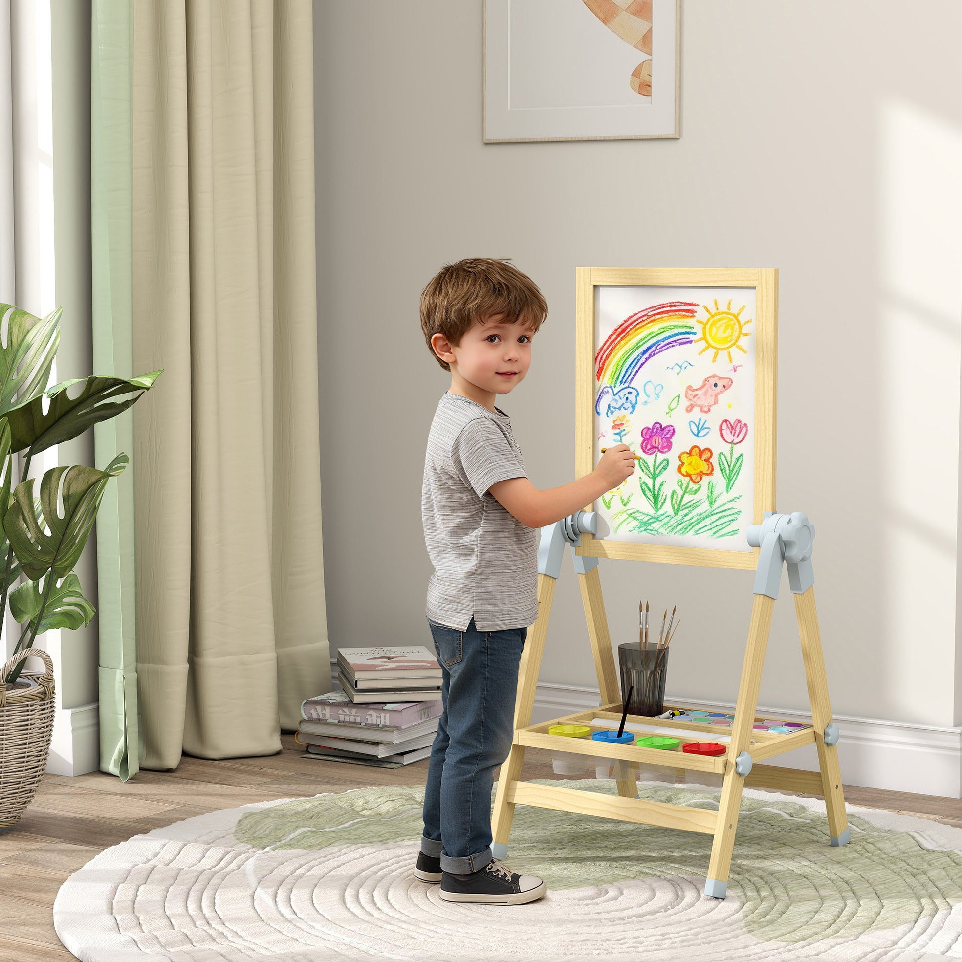 Qaba Wooden Art Easel, Double Sided Kids Easel with Height Adjustable Chalkboard and Magnetic Whiteboard, Natural-Toys & Games > Toddler & Kids Furniture-DECOROLALA