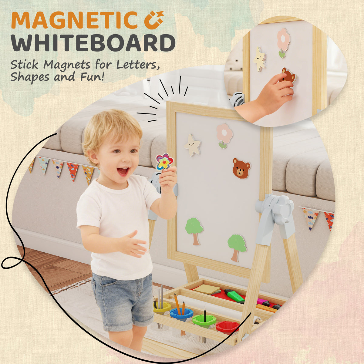 Qaba Wooden Kids Art Easel - Double Sided Height Adjustable Natural-Toys & Games > Toddler & Kids Furniture-DECOROLALA