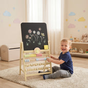 Qaba Wooden Kids Art Easel with Clock and Abacus - Natural-Toys & Games > Toddler & Kids Furniture-DECOROLALA