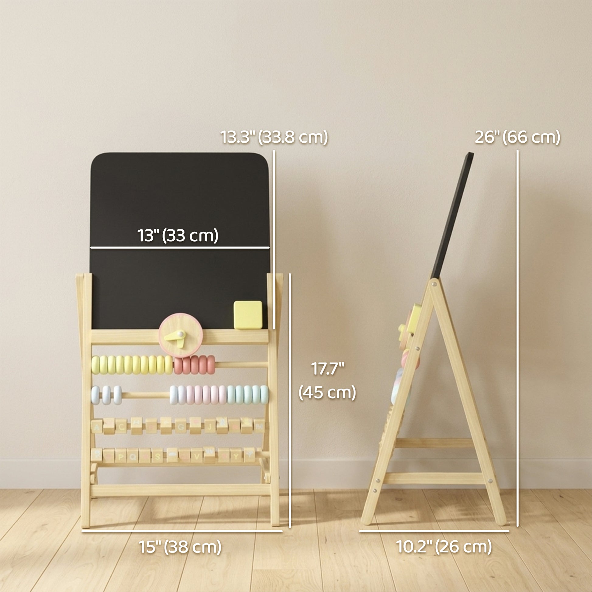 Qaba Wooden Kids Art Easel with Double-Sided Chalkboard, Clock, Abacus, Blackboard Eraser for Painting, for Ages 2+, Natural-Toys & Games > Toddler & Kids Furniture-DECOROLALA