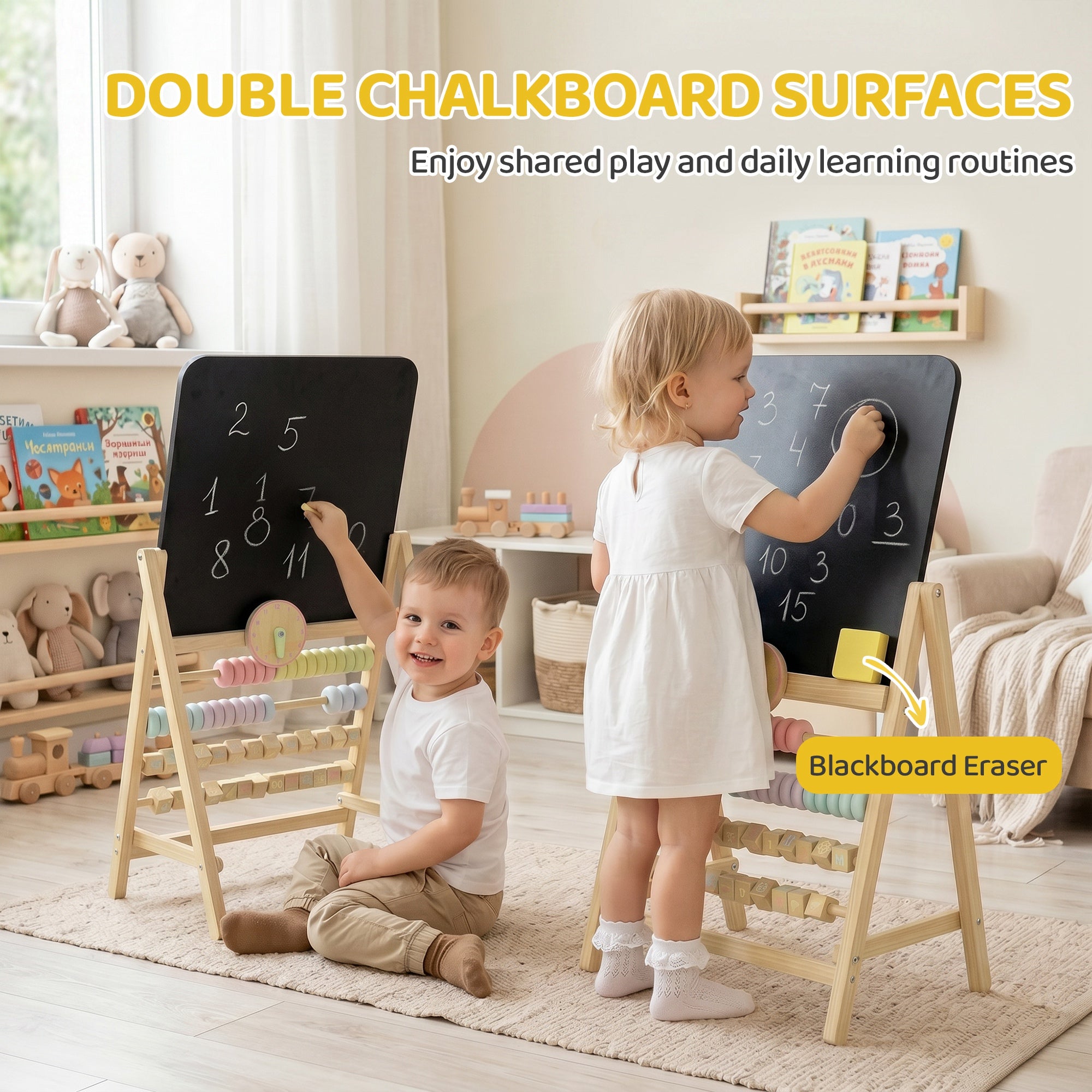 Qaba Wooden Kids Art Easel with Double-Sided Chalkboard, Clock, Abacus, Blackboard Eraser for Painting, for Ages 2+, Natural-Toys & Games > Toddler & Kids Furniture-DECOROLALA