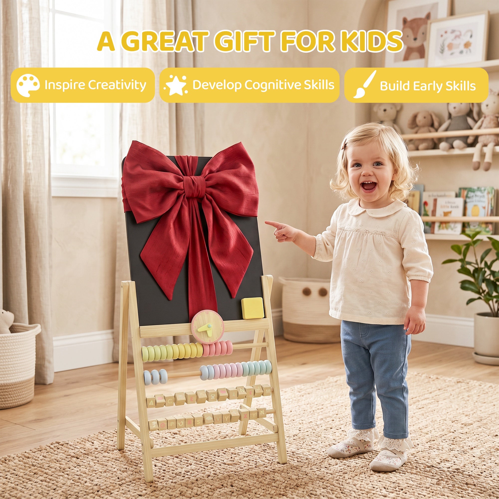 Qaba Wooden Kids Art Easel with Double-Sided Chalkboard, Clock, Abacus, Blackboard Eraser for Painting, for Ages 2+, Natural-Toys & Games > Toddler & Kids Furniture-DECOROLALA