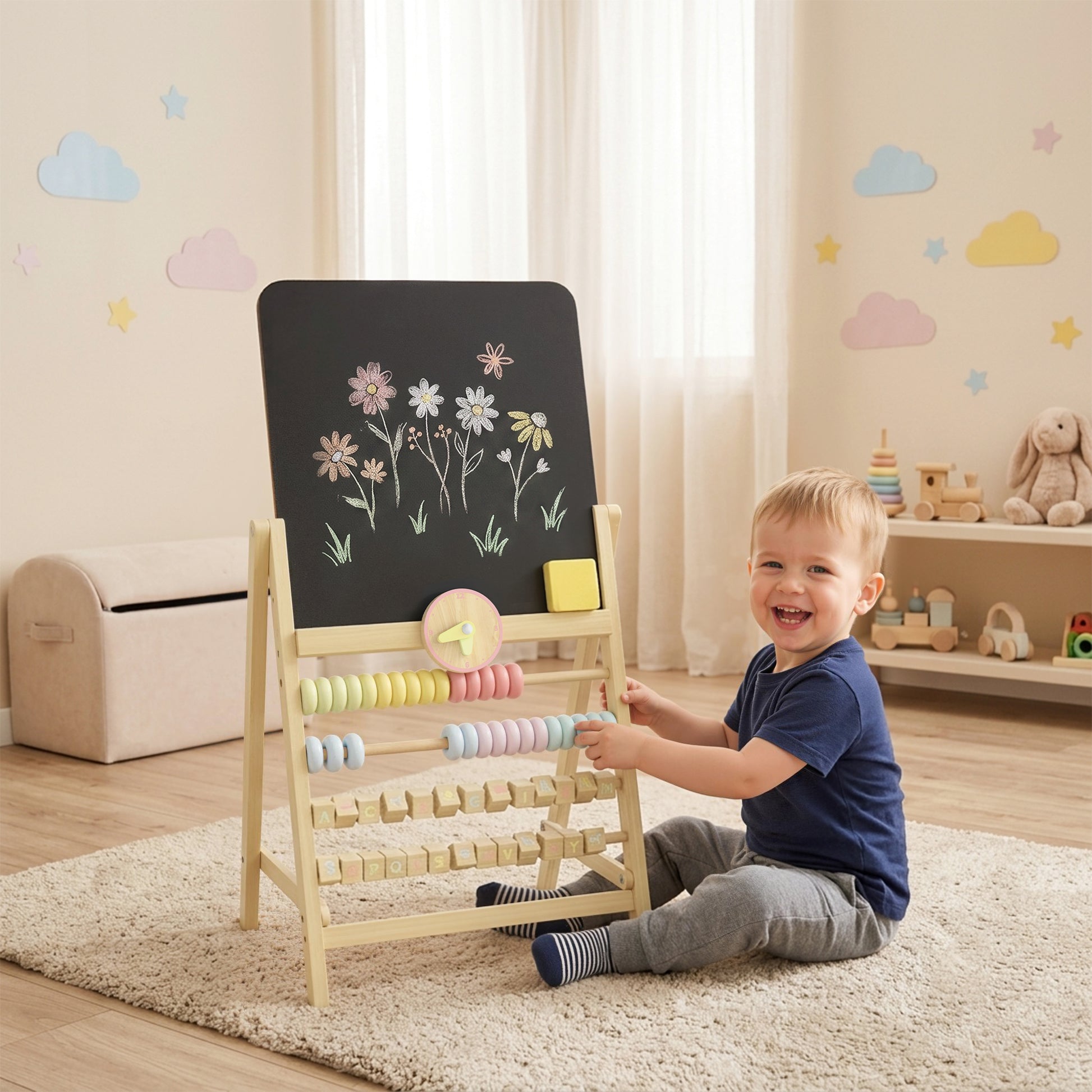 Qaba Wooden Kids Art Easel with Double-Sided Chalkboard, Clock, Abacus, Blackboard Eraser for Painting, for Ages 2+, Natural-Toys & Games > Toddler & Kids Furniture-DECOROLALA