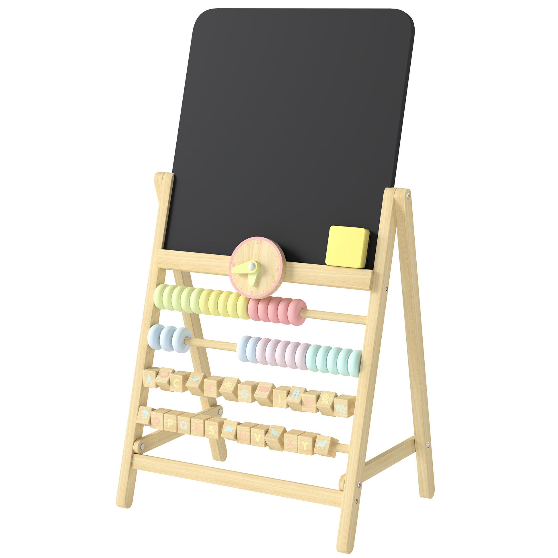 Qaba Wooden Kids Art Easel with Double-Sided Chalkboard, Clock, Abacus, Blackboard Eraser for Painting, for Ages 2+, Natural-Toys & Games > Toddler & Kids Furniture-DECOROLALA
