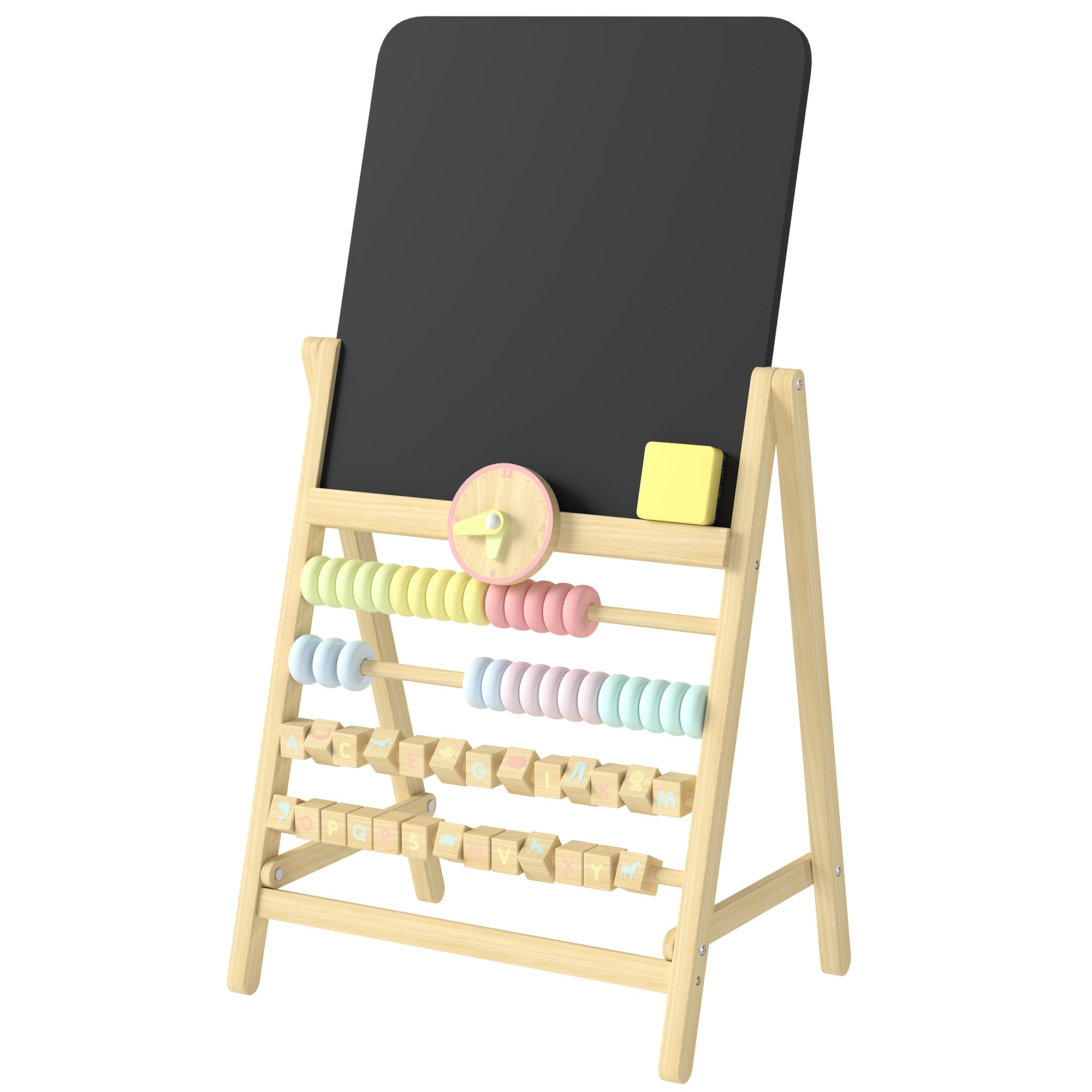Qaba Wooden Kids Art Easel with Double-Sided Chalkboard, Clock, Abacus, Blackboard Eraser for Painting, for Ages 2+, Natural-Toys & Games > Toddler & Kids Furniture-DECOROLALA