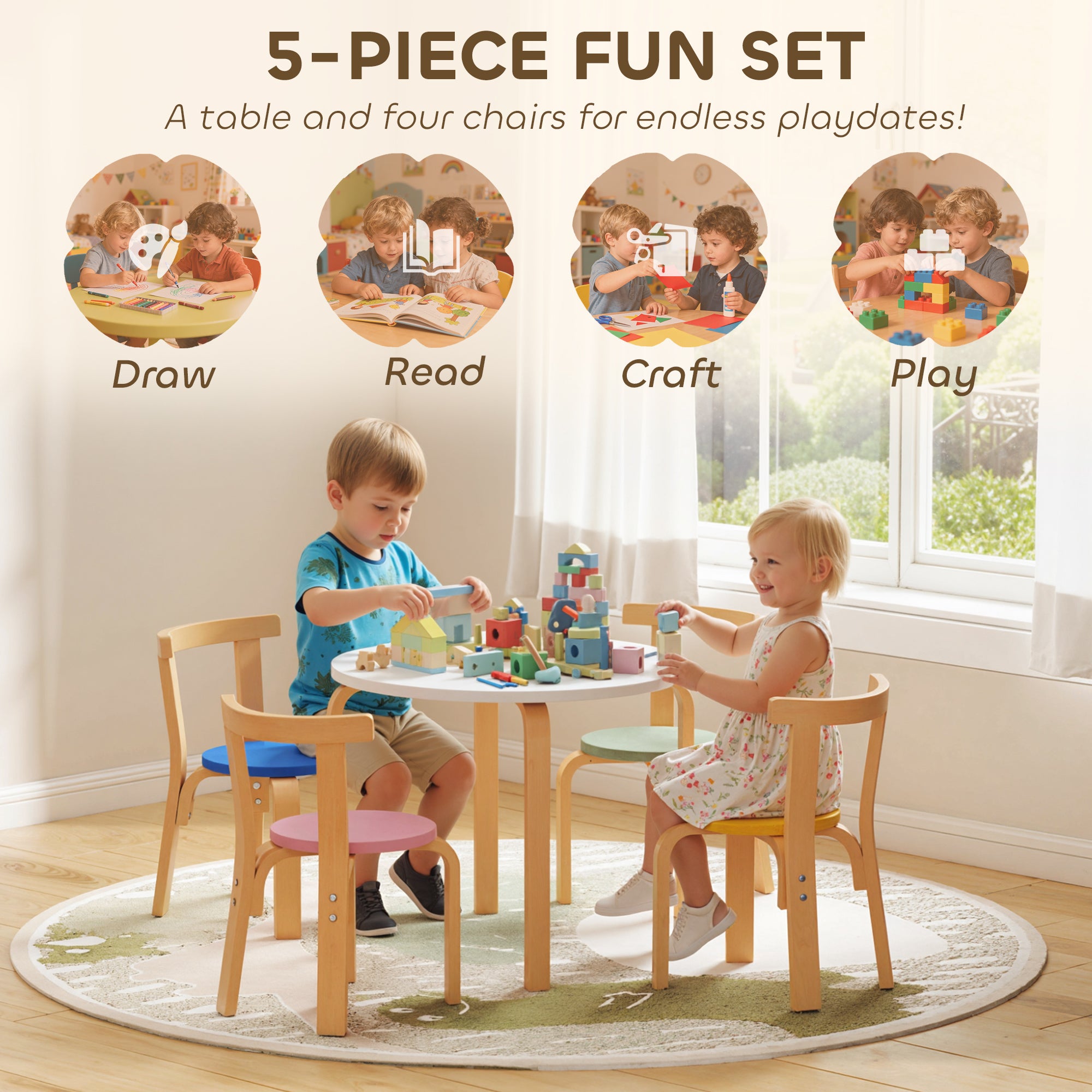 Qaba Wooden Kids Table and Chairs Set, Toddler Table and Chairs Set for 3-8 Years, Multi-Coloured-Toys & Games > Toddler & Kids Furniture > Kids Table Sets-DECOROLALA