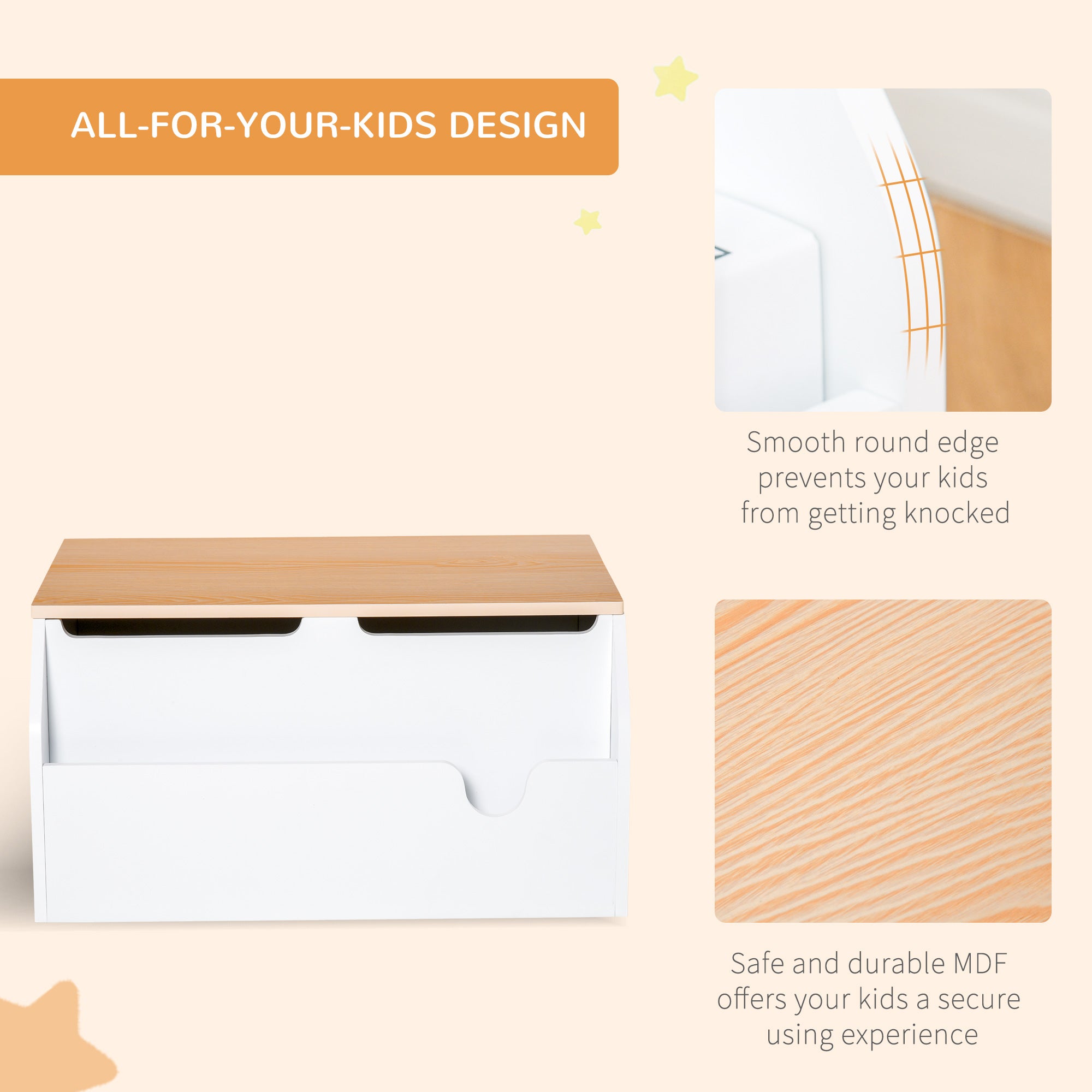 Qaba Wooden Kids Toy Box with Lid, Children Storage Organizer with Safety Hinge, Toy Trunk Chest, White-Toys & Games > Toddler & Kids Furniture > Baby & Kids Storage-DECOROLALA