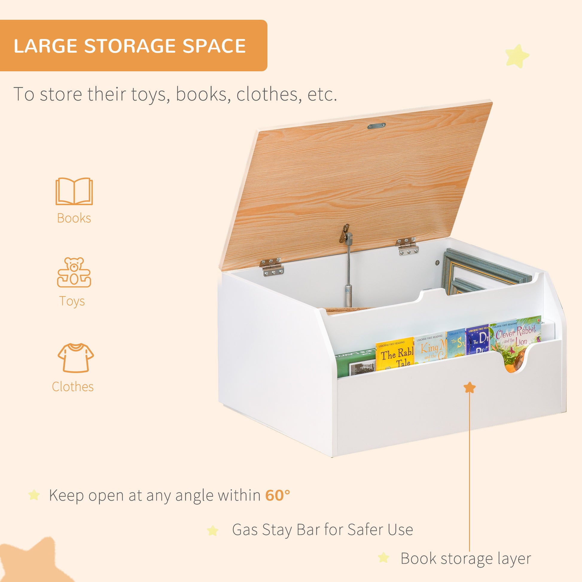 Qaba Wooden Kids Toy Box with Lid, Children Storage Organizer with Safety Hinge, Toy Trunk Chest, White-Toys & Games > Toddler & Kids Furniture > Baby & Kids Storage-DECOROLALA