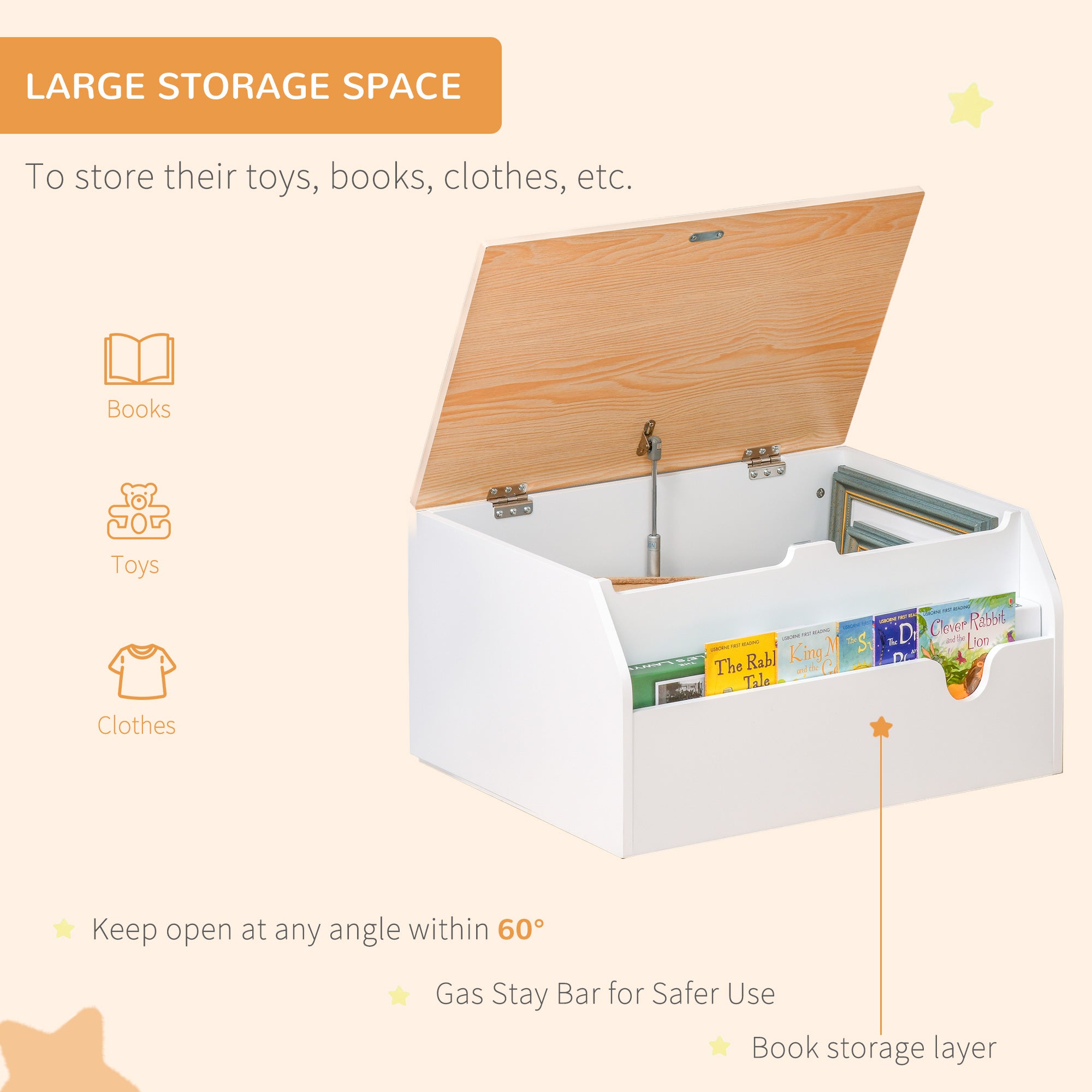 Qaba Wooden Kids Toy Box with Lid, Children Storage Organizer with Safety Hinge, Toy Trunk Chest, White-Toys & Games > Toddler & Kids Furniture > Baby & Kids Storage-DECOROLALA