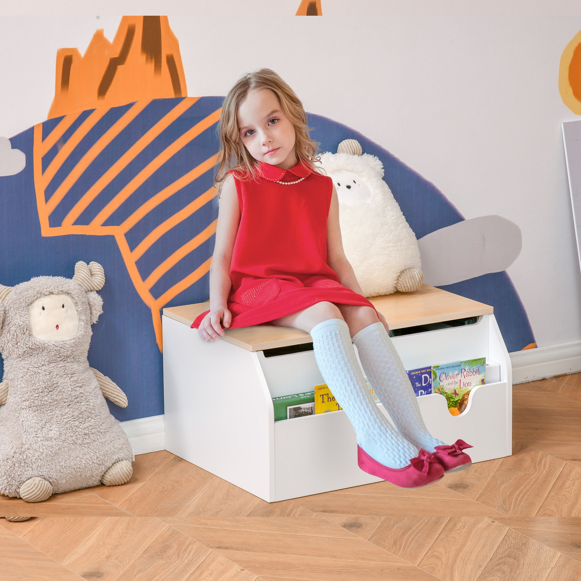 Qaba Wooden Kids Toy Box with Lid, Children Storage Organizer with Safety Hinge, Toy Trunk Chest, White-Toys & Games > Toddler & Kids Furniture > Baby & Kids Storage-DECOROLALA