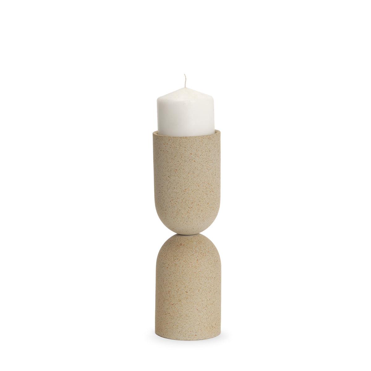 Qamra Medium Beige Textured Metal Pillar Candle Holder Candle Holder-Table Candle Holders-DECOROLALA